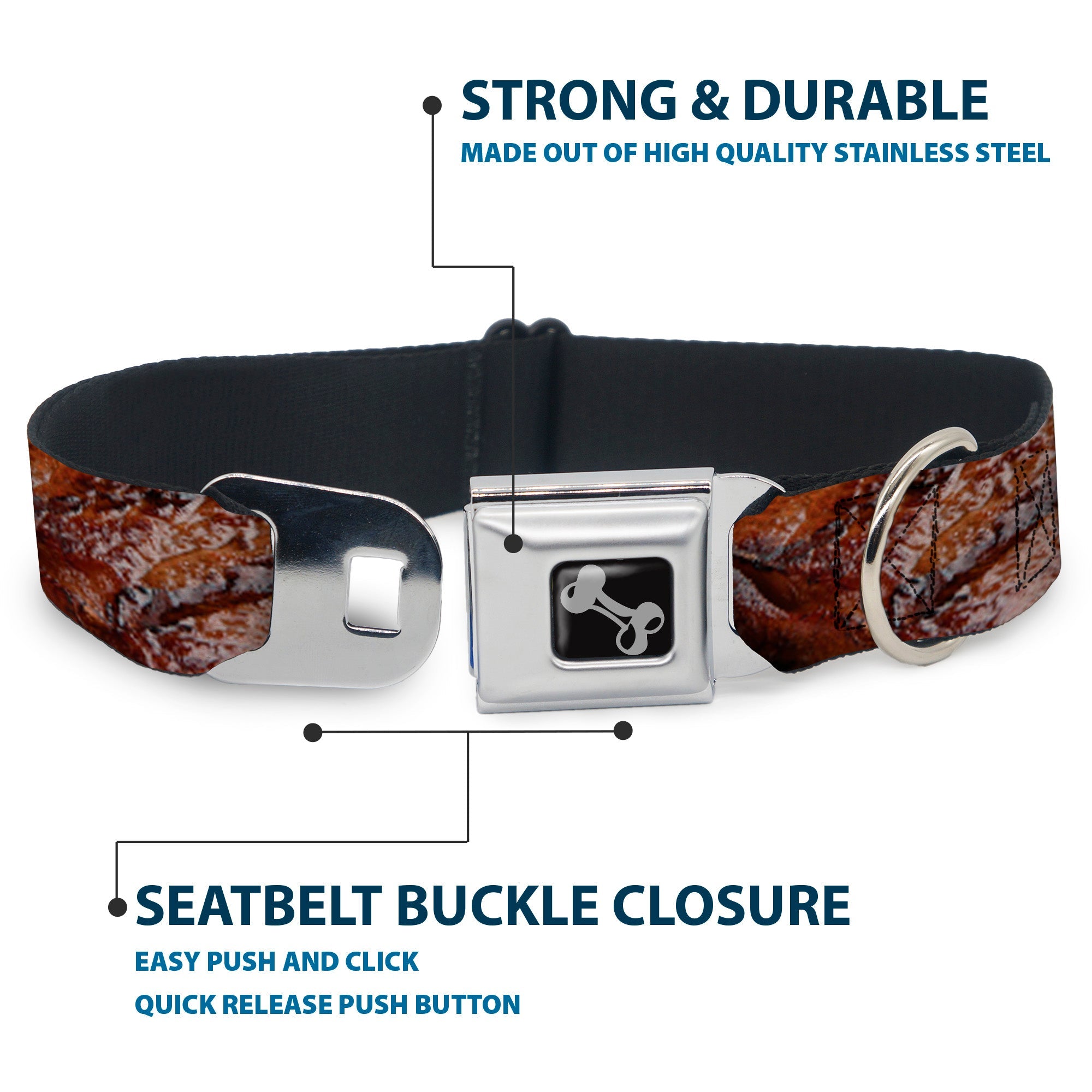 Dog Bone Black/Silver Seatbelt Buckle Collar - Vivid Grilled Steak