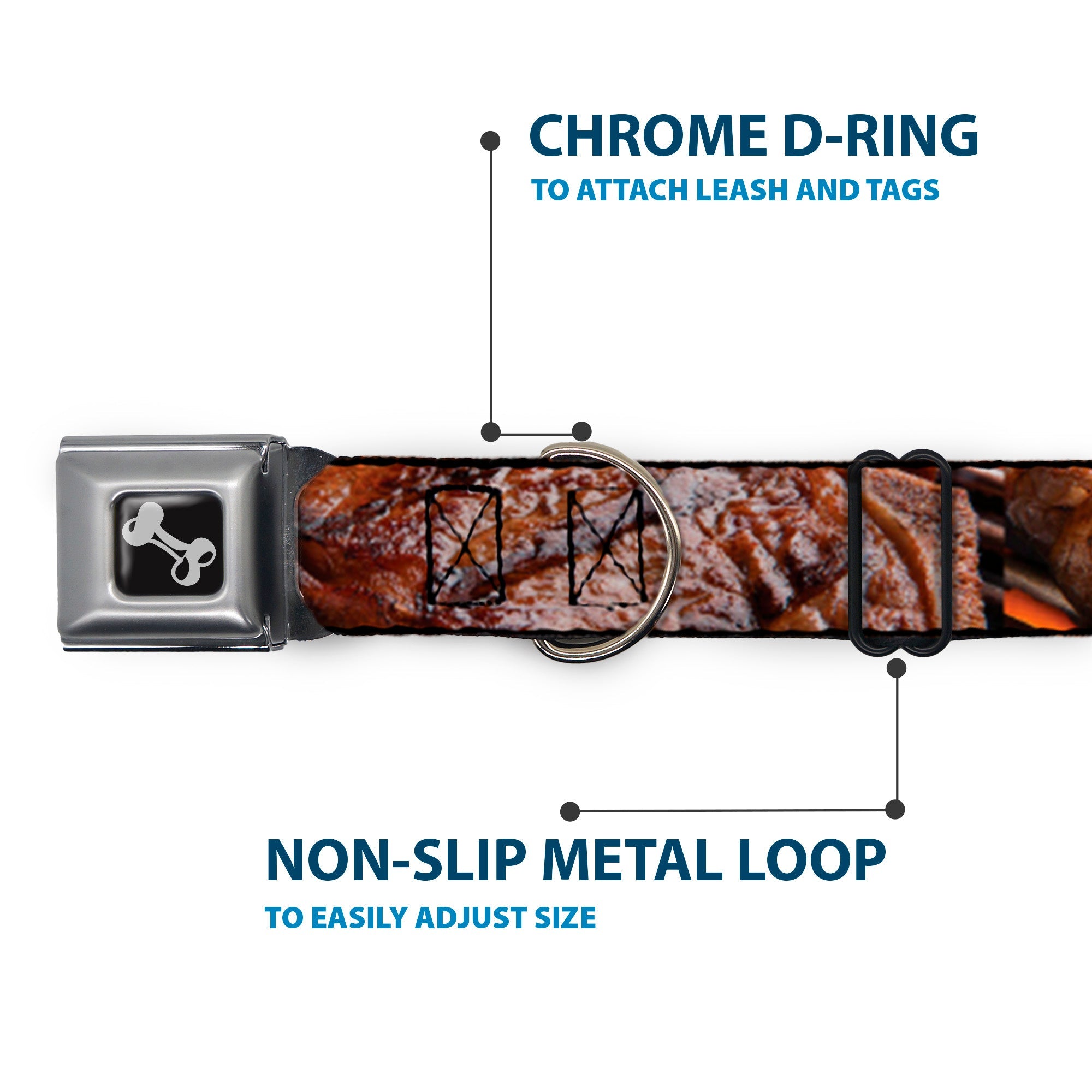Dog Bone Black/Silver Seatbelt Buckle Collar - Vivid Grilled Steak