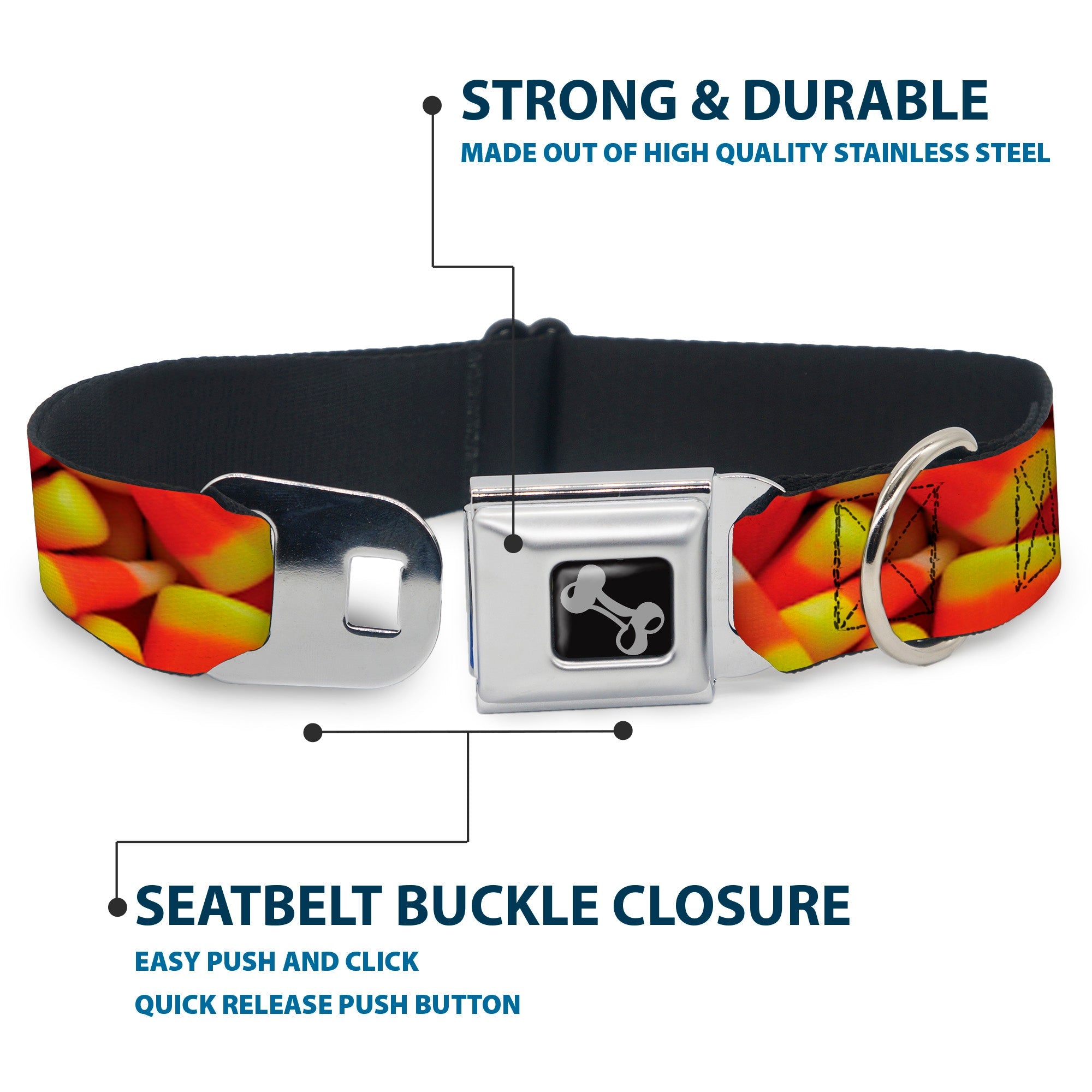 Dog Bone Black/Silver Seatbelt Buckle Collar - Vivid Candy Corn Stacked