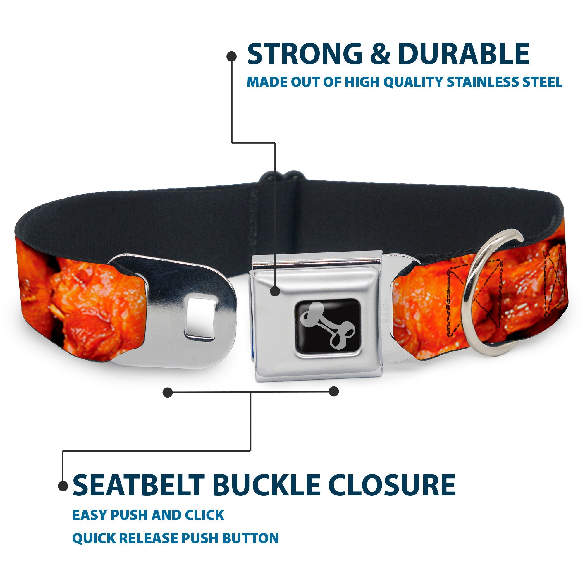 Dog Bone Black/Silver Seatbelt Buckle Collar - Vivid Hot Wings Stacked