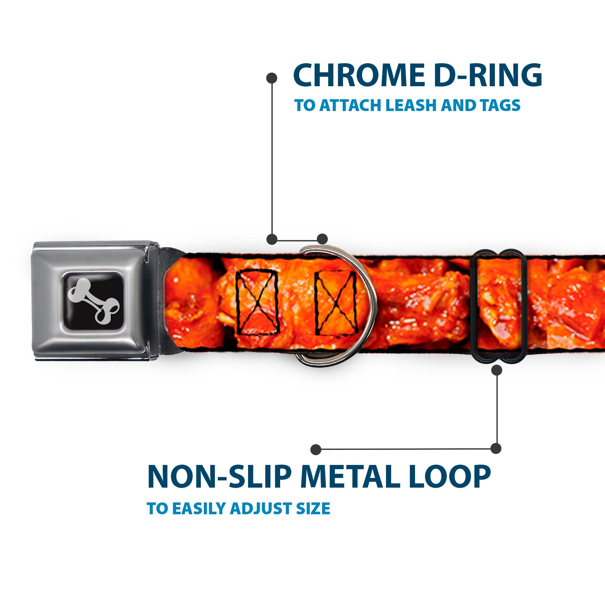Dog Bone Black/Silver Seatbelt Buckle Collar - Vivid Hot Wings Stacked