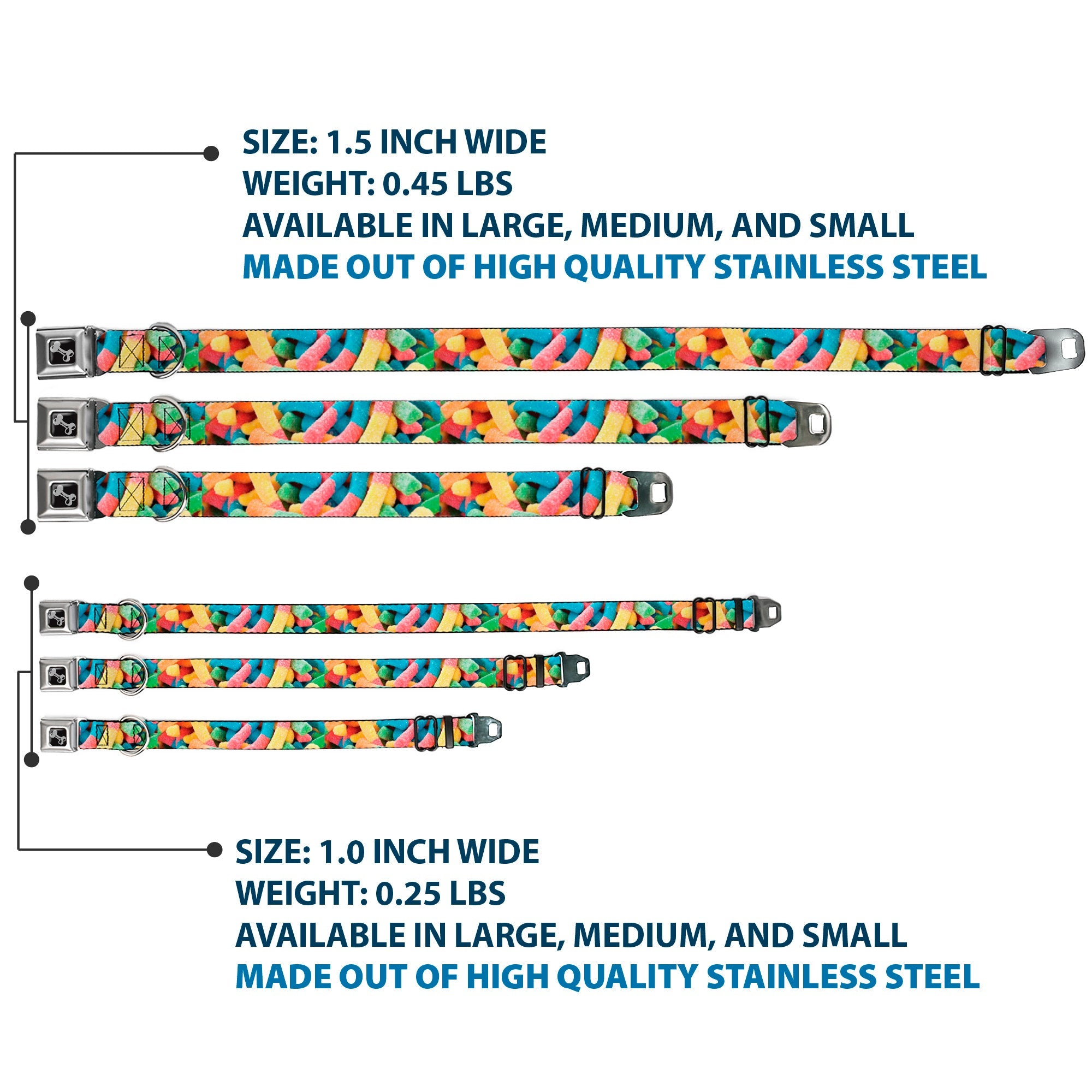 Dog Bone Black/Silver Seatbelt Buckle Collar - Vivid Sour Worms Stacked
