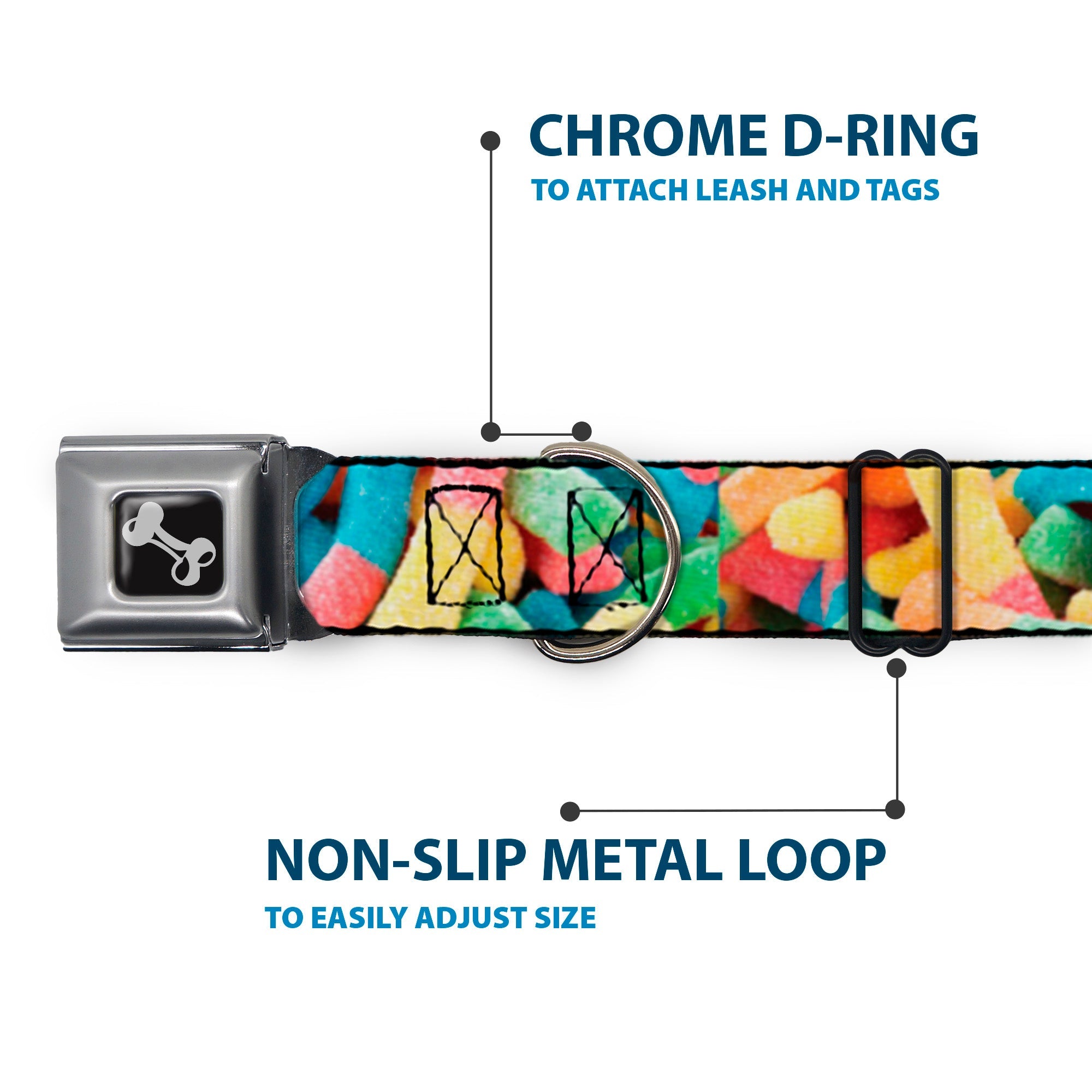 Dog Bone Black/Silver Seatbelt Buckle Collar - Vivid Sour Worms Stacked