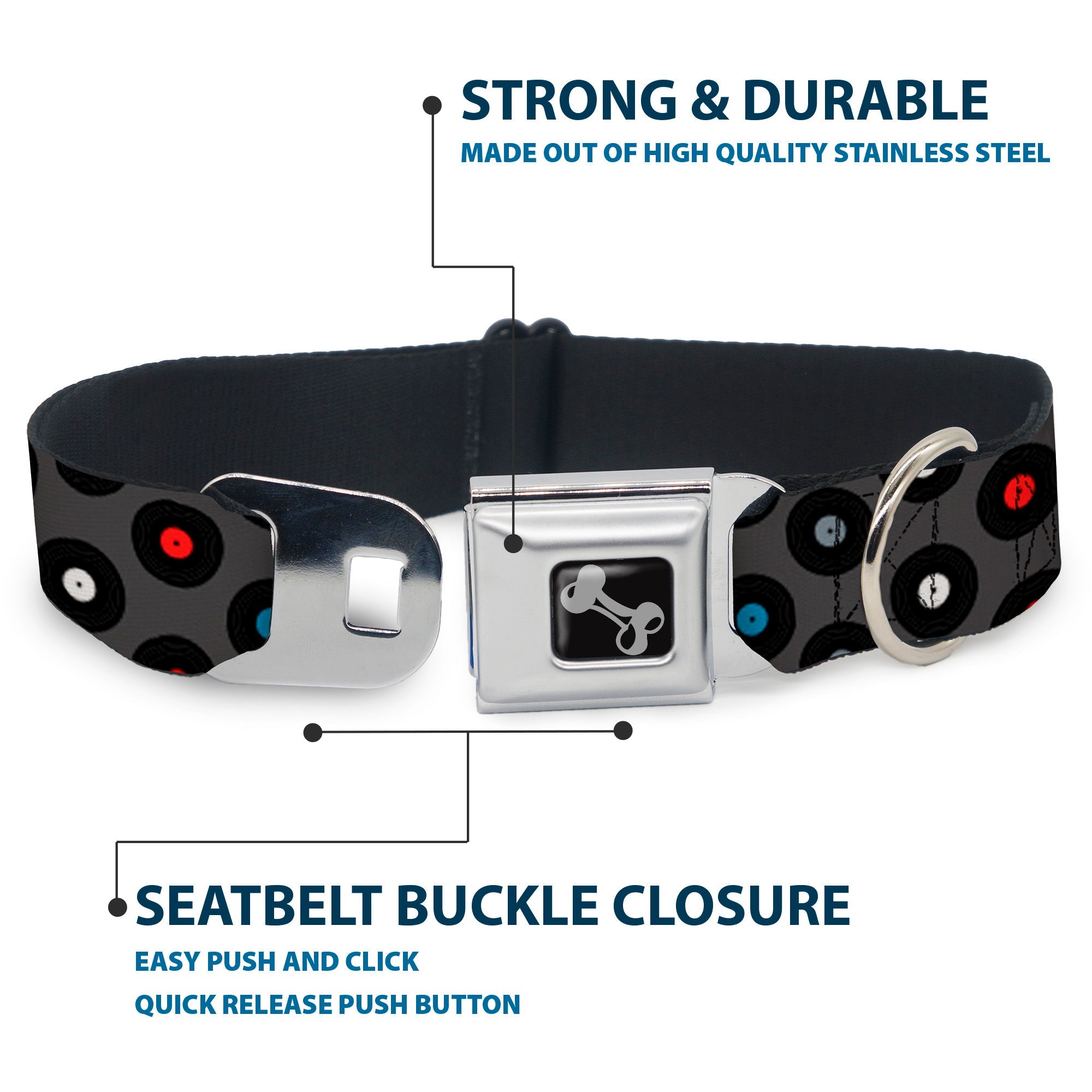 Dog Bone Seatbelt Buckle Collar - Vinyl Records Gray/Black/Red/Blue/White