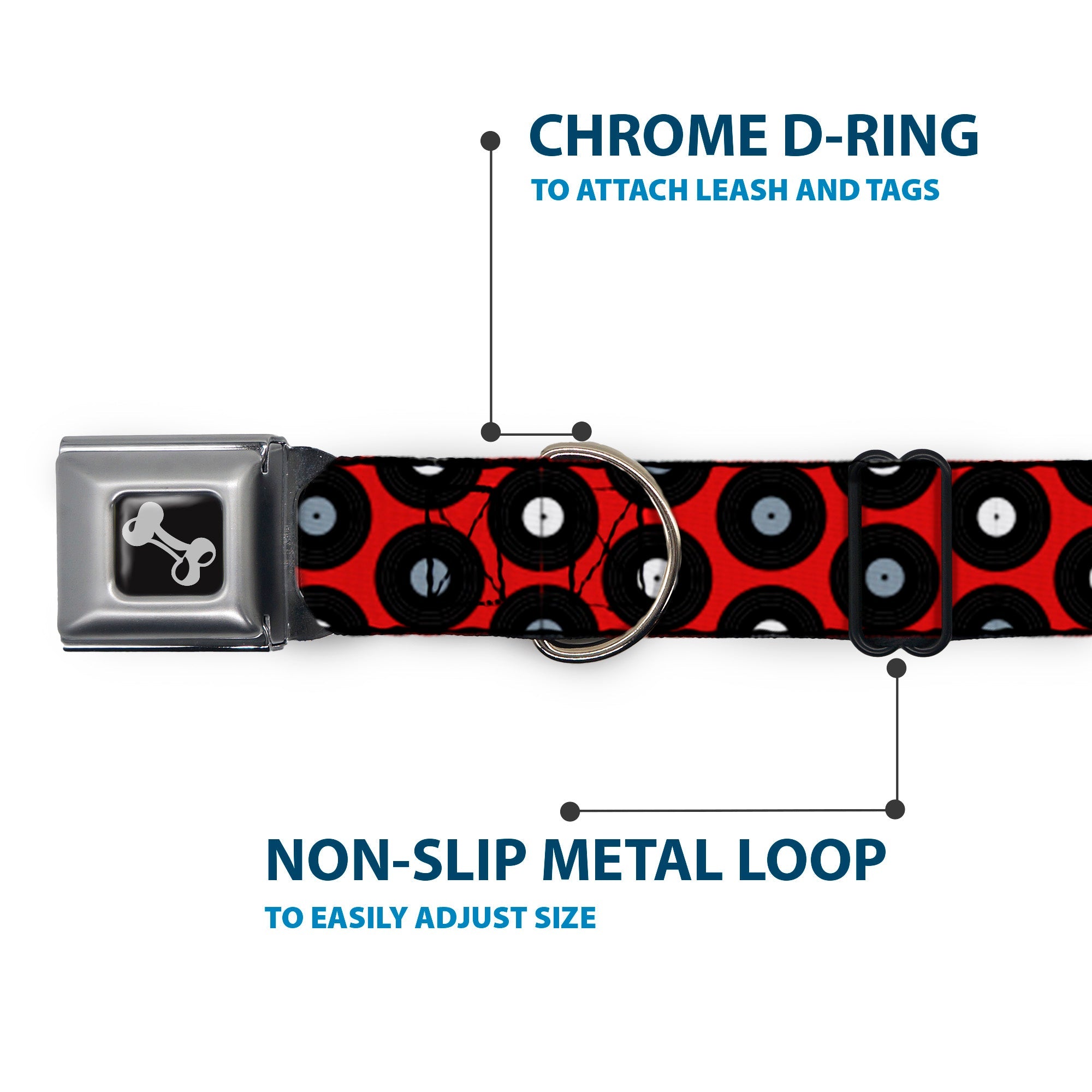 Dog Bone Seatbelt Buckle Collar - Vinyl Records Red/Black/Gray/White