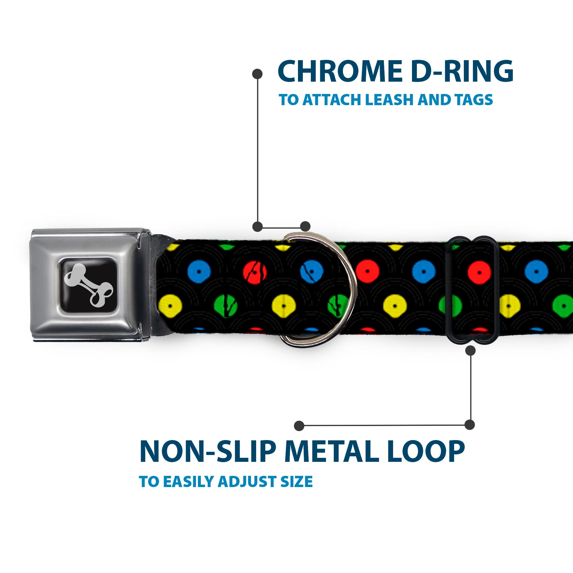 Dog Bone Seatbelt Buckle Collar - Vinyl Records Stacked Black/Gray/Multi Color