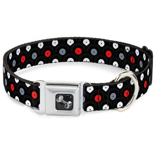Dog Bone Seatbelt Buckle Collar - Vinyl Records Stacked Black/Gray/Red/White