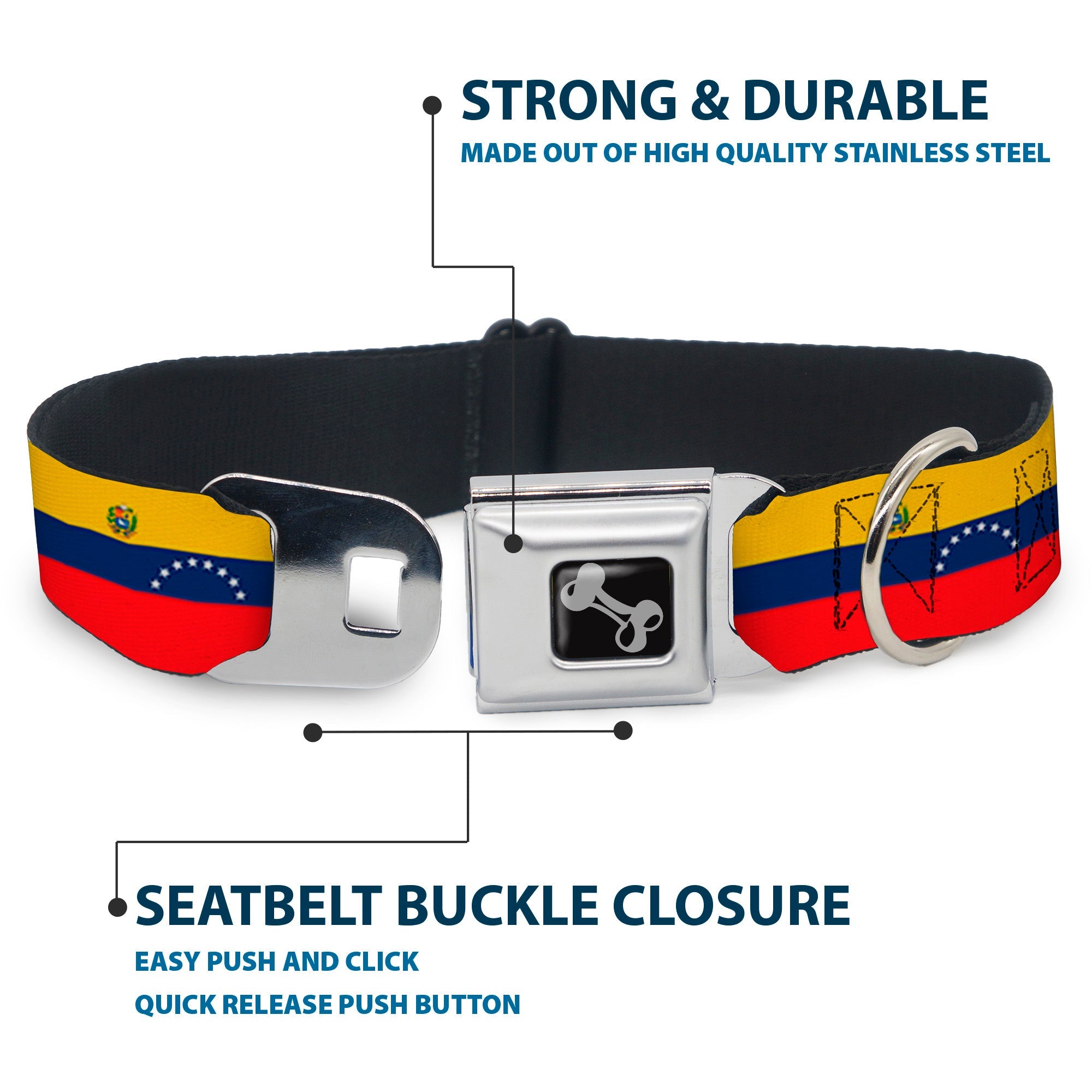 Dog Bone Black/Silver Seatbelt Buckle Collar - Venezuela Flag Continious Repeat