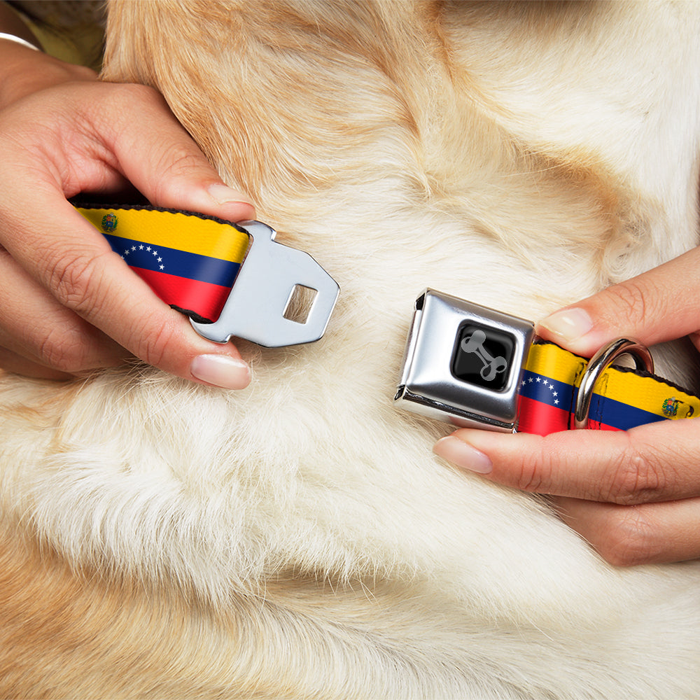 Dog Bone Black/Silver Seatbelt Buckle Collar - Venezuela Flag Continious Repeat