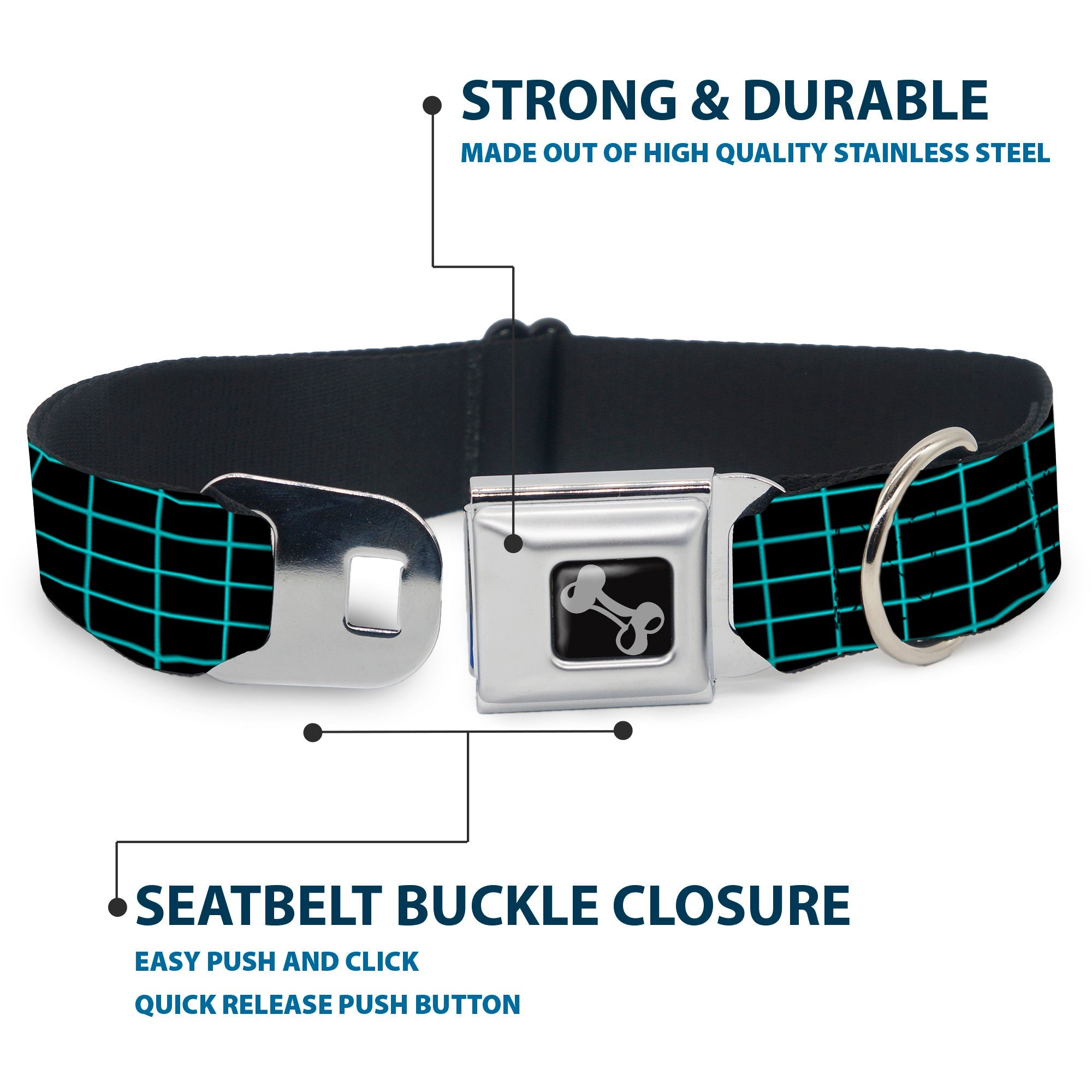 Dog Bone Seatbelt Buckle Collar - Wire Grid Black/Blue
