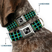 Dog Bone Seatbelt Buckle Collar - Wire Grid Black/Turquoise/Yellow