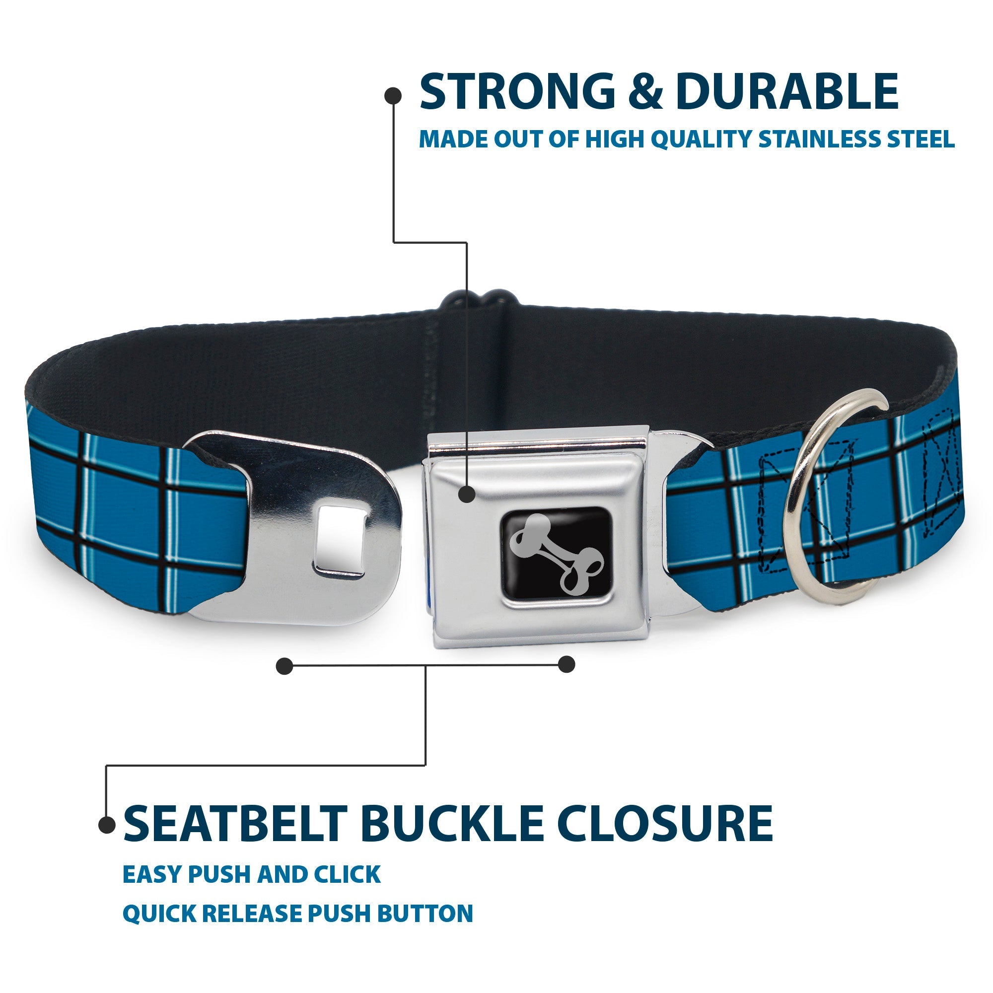 Dog Bone Seatbelt Buckle Collar - Wire Grid Turquoise/Gray/White