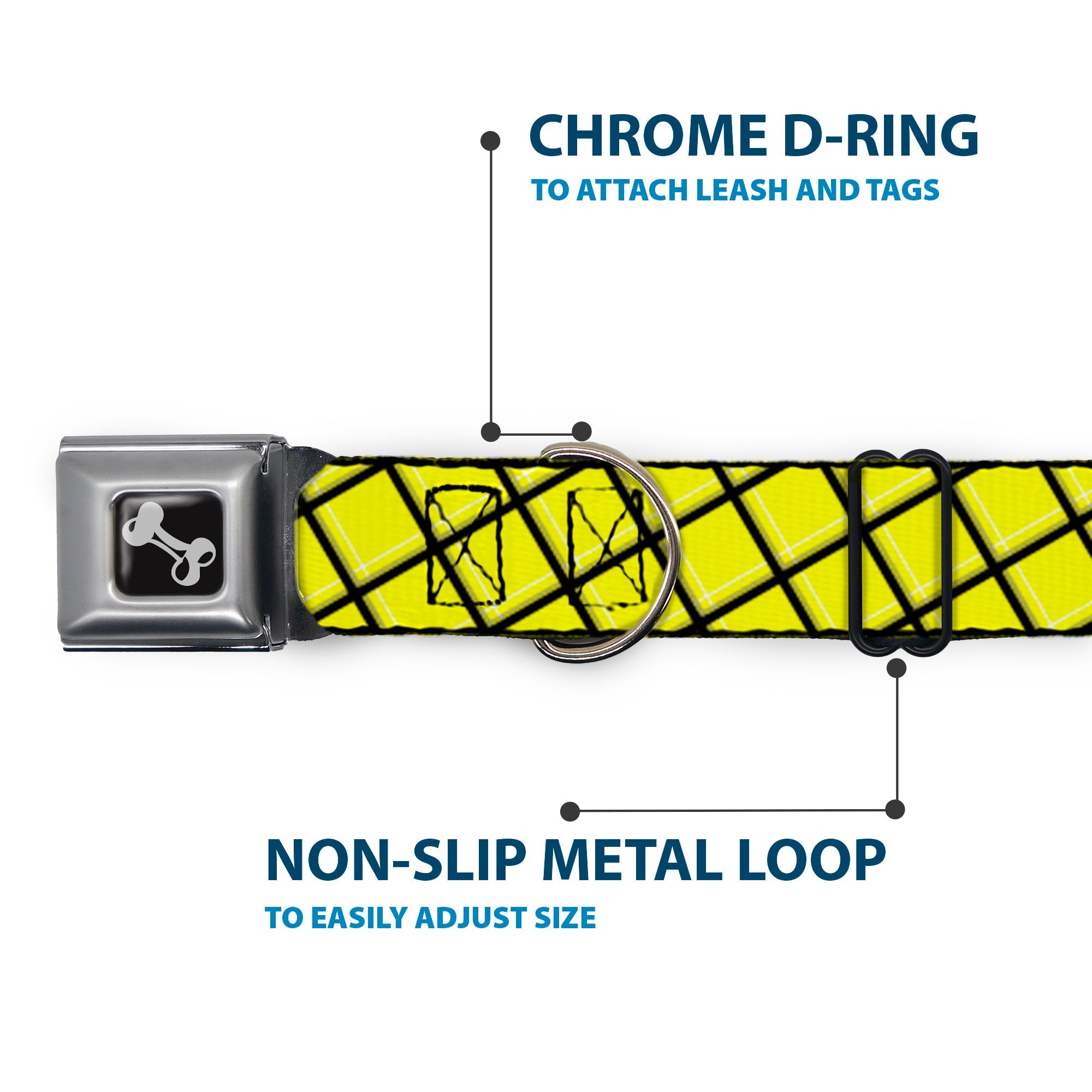 Dog Bone Seatbelt Buckle Collar - Wire Grid Yellow/Black/Gray