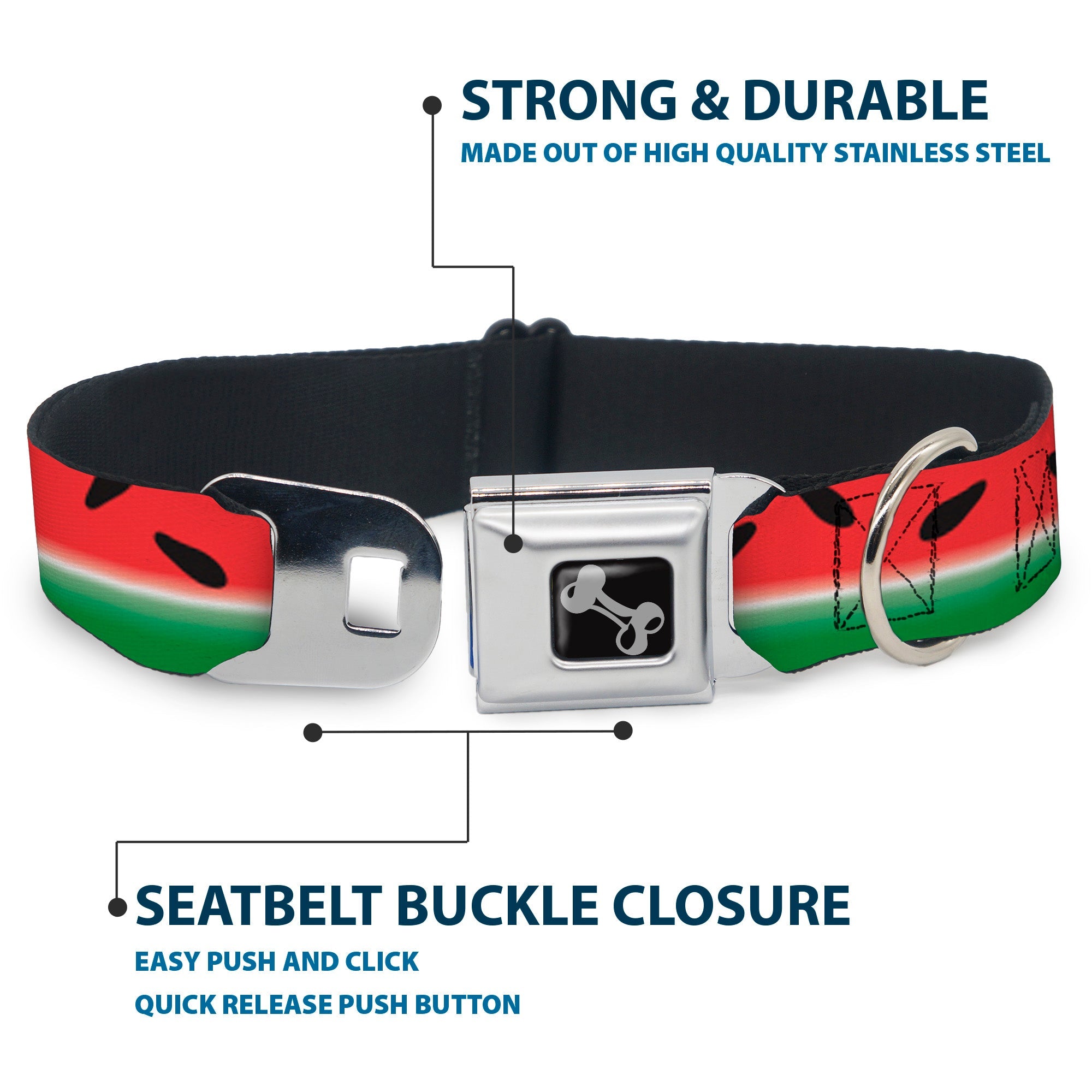 Dog Bone Seatbelt Buckle Collar - Watermelon Stripe Red/Green/Black