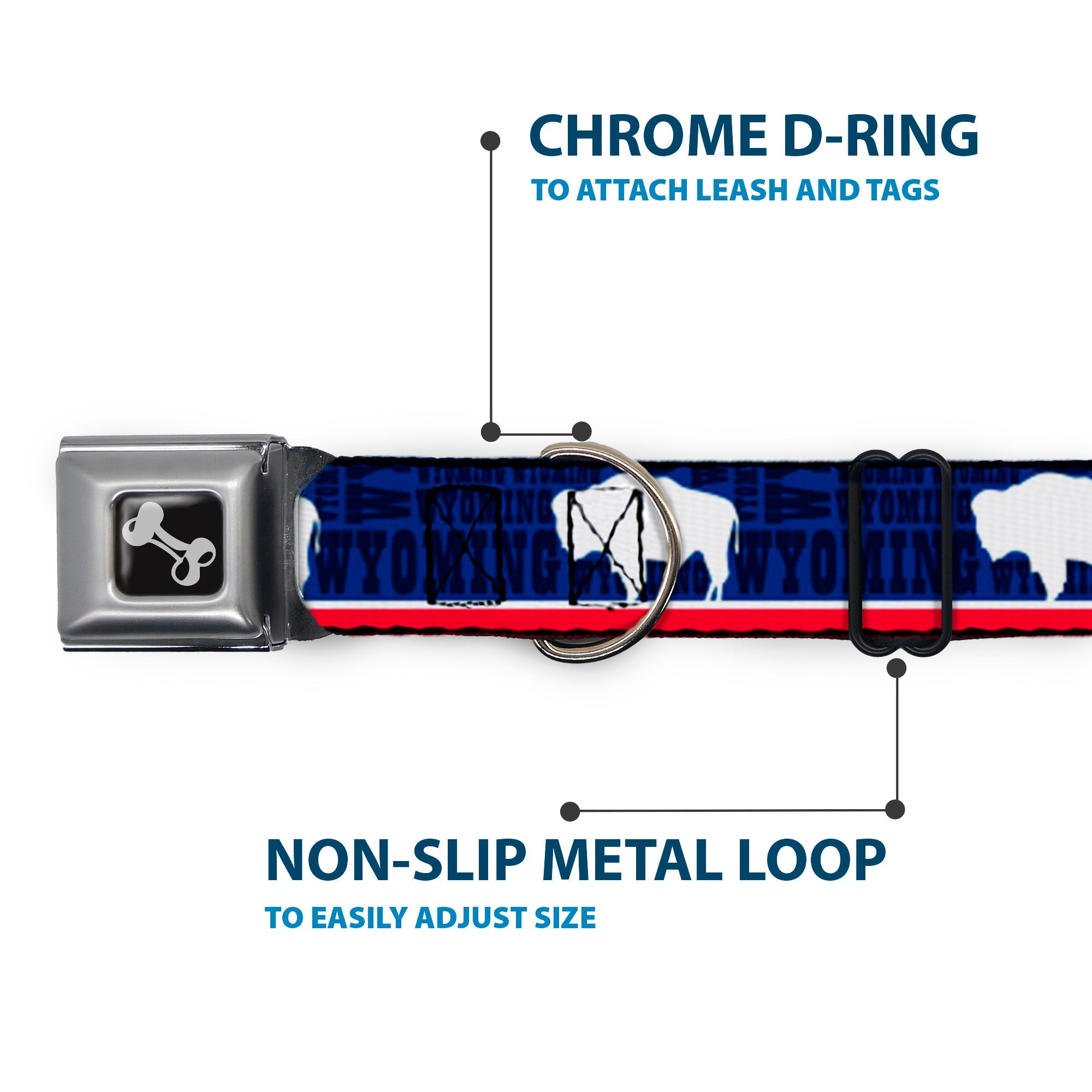 Dog Bone Seatbelt Buckle Collar - Wyoming Flags/WYOMING Typography