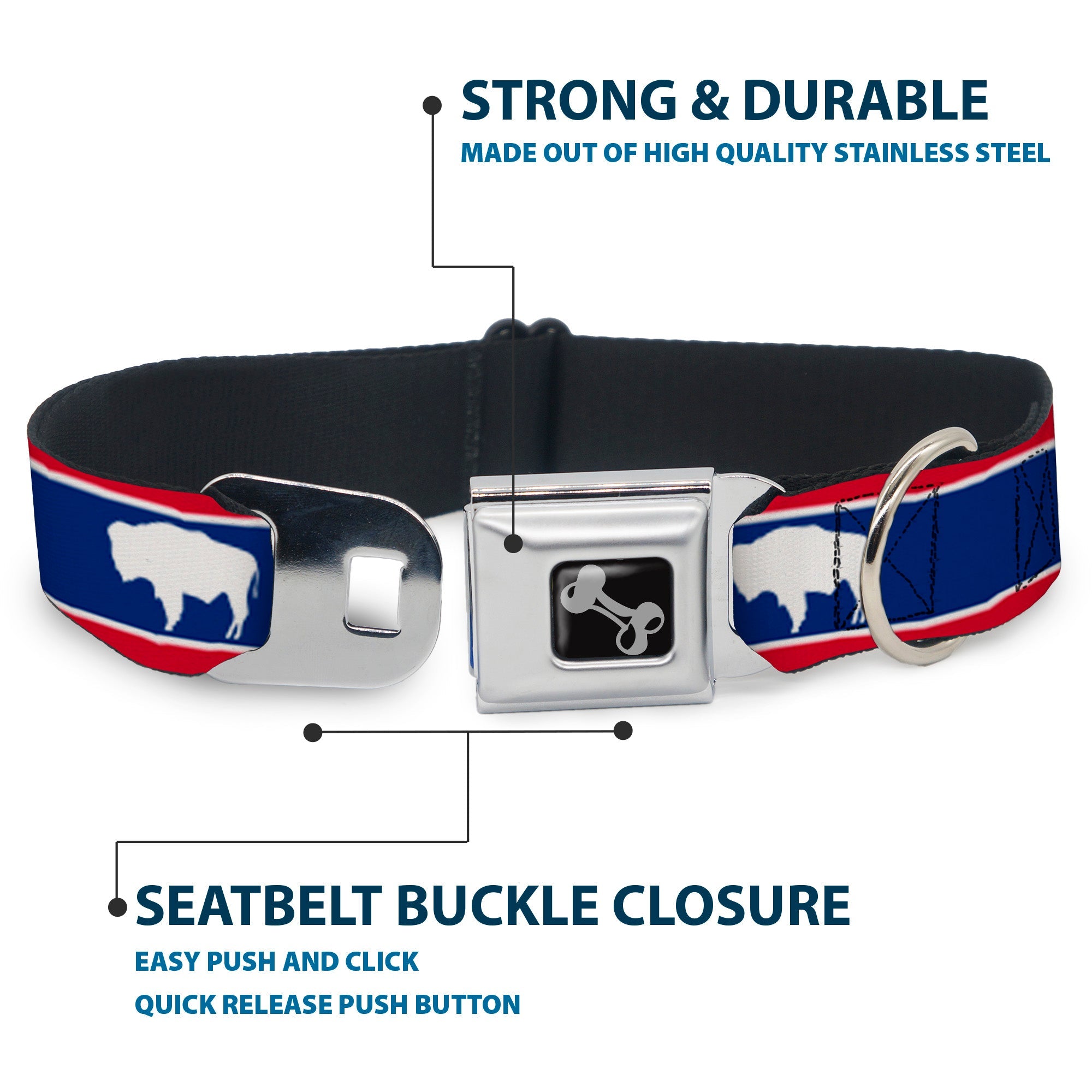 Dog Bone Seatbelt Buckle Collar - Wyoming Flags Bison Silhouette