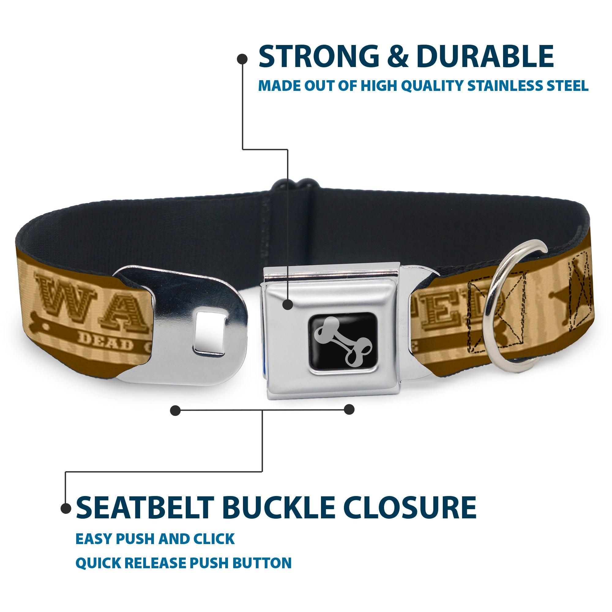 Dog Bone Seatbelt Buckle Collar - WANTED-DEAD OR ALIVE/Star Tans