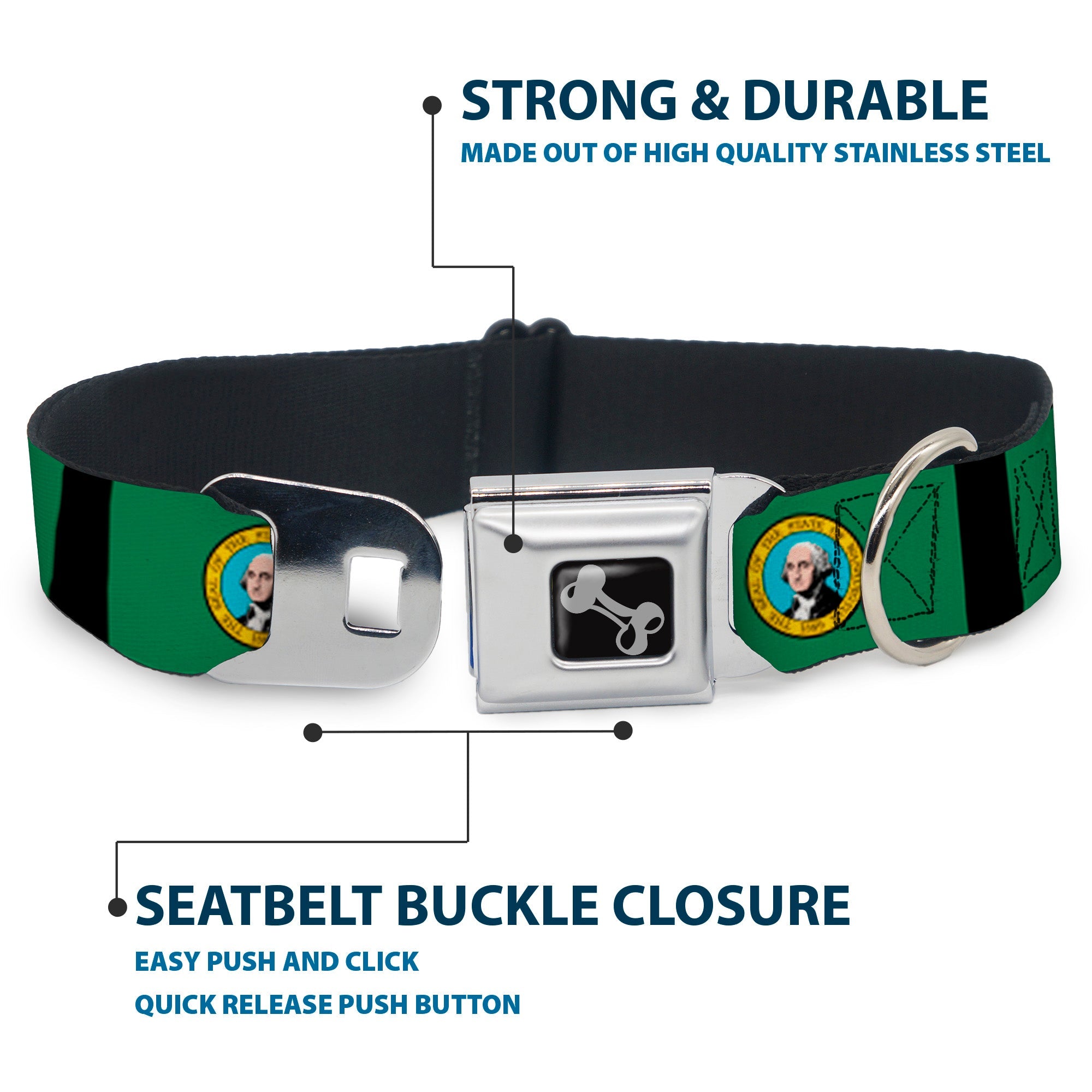 Dog Bone Seatbelt Buckle Collar - Washington Flags/Black