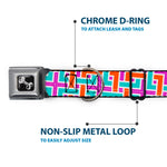 Dog Bone Black/Silver Seatbelt Buckle Collar - Weave CLOSE-UP White/Pink/Orange/Aqua