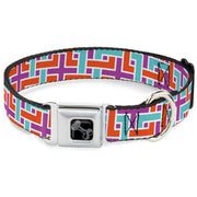 Dog Bone Black/Silver Seatbelt Buckle Collar - Weave CLOSE-UP White/Pink/Orange/Aqua