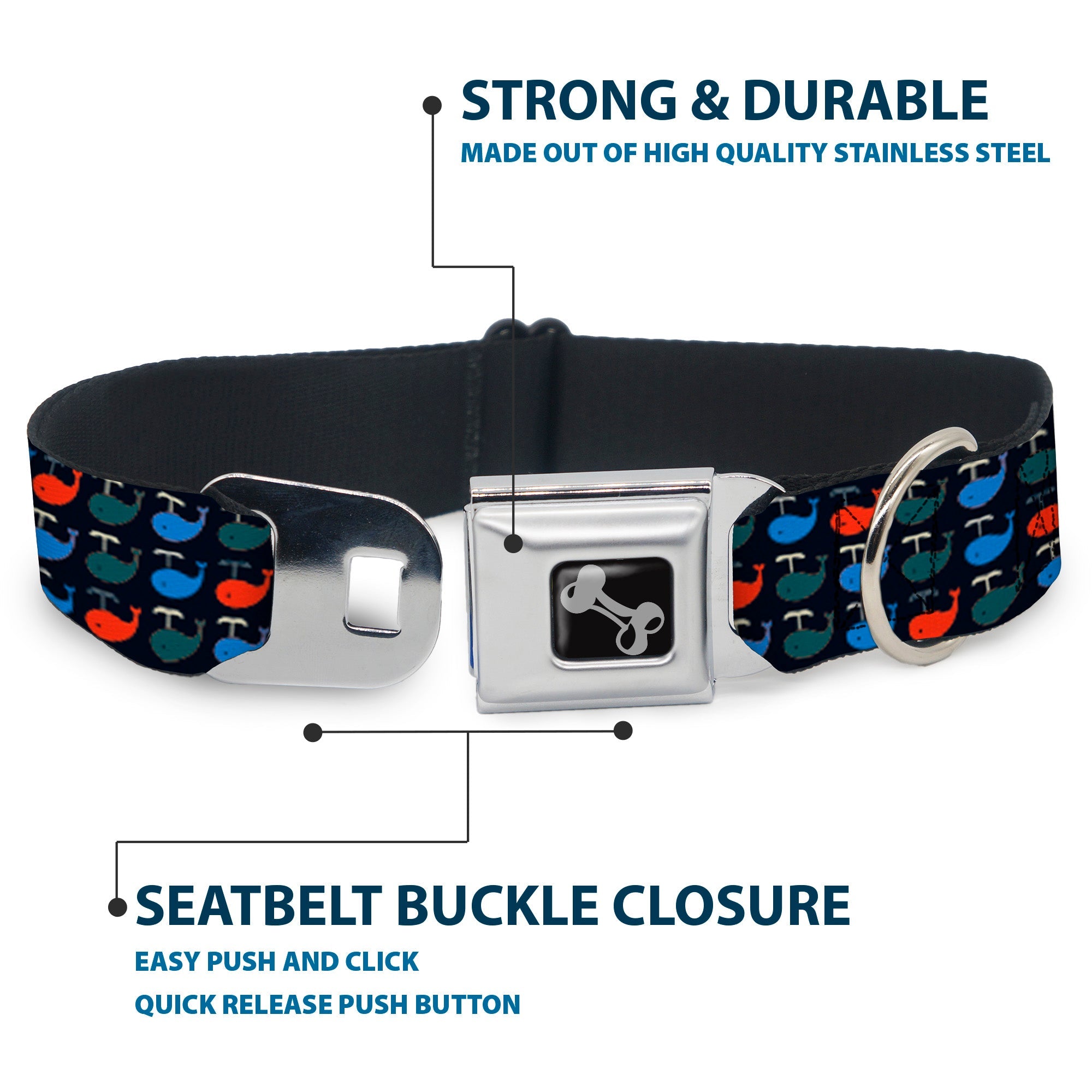 Dog Bone Black/Silver Seatbelt Buckle Collar - Whales Navy/Green/Blue/Red