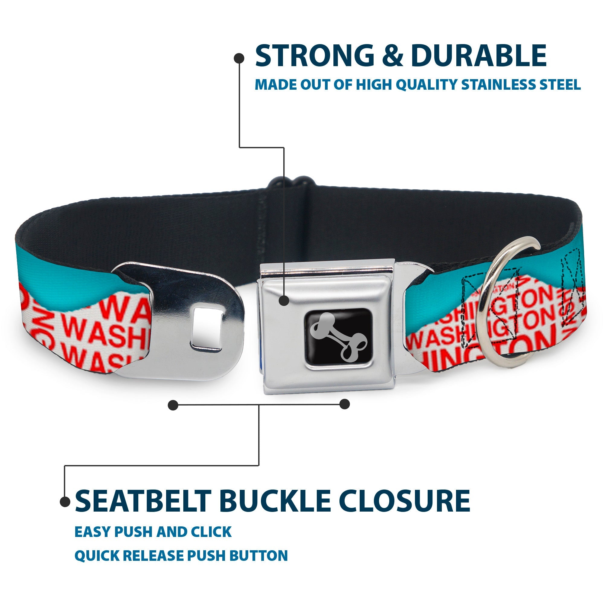 Dog Bone Seatbelt Buckle Collar - WASHINGTON Mountain Range Turquoise/White/Red