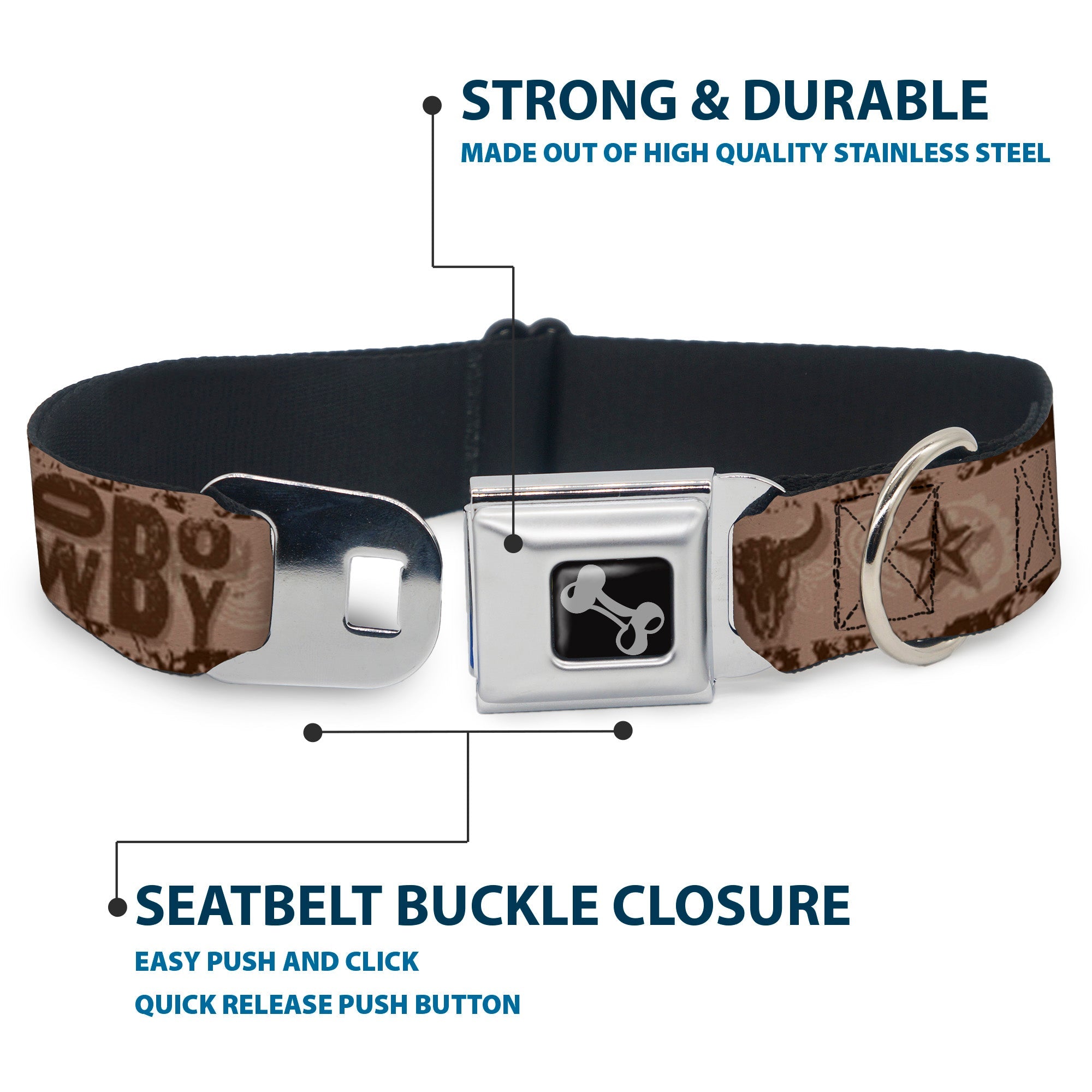 Dog Bone Black/Silver Seatbelt Buckle Collar - Western COWBOY Icons Collage Tan/Browns