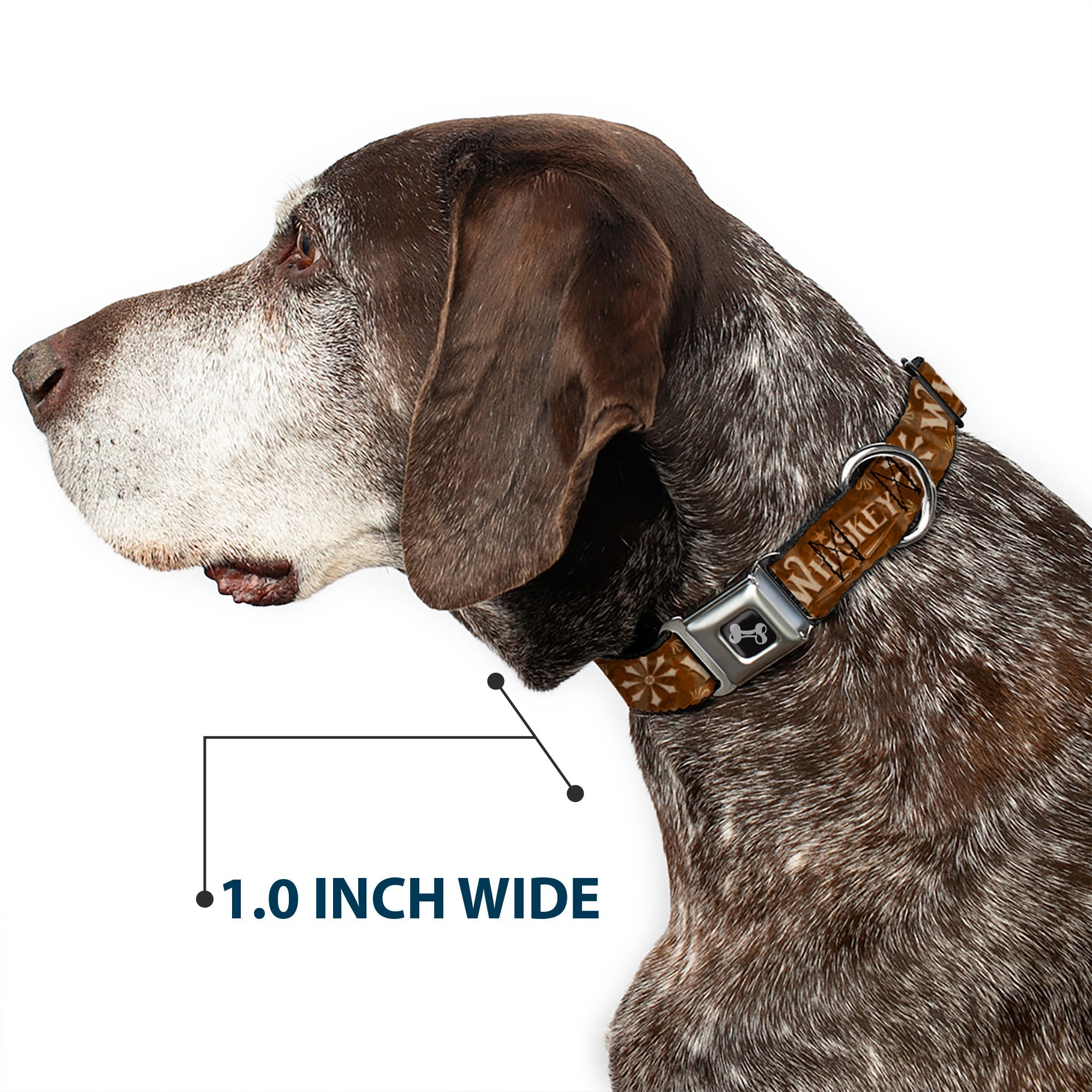 Dog Bone Black/Silver Seatbelt Buckle Collar - Western WHISKEY Star with Text Shadow Repeat Browns/Tan