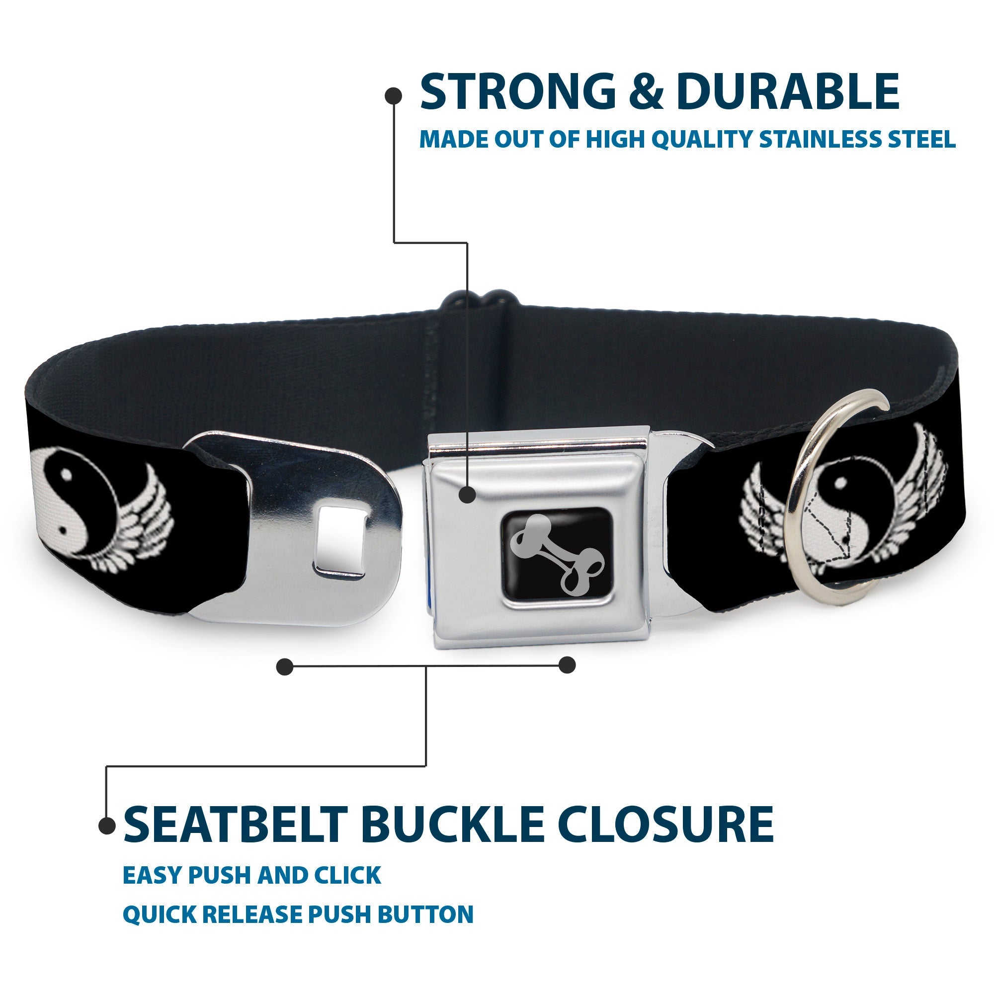 Dog Bone Seatbelt Buckle Collar - Yin Yang w/Wings Black/White
