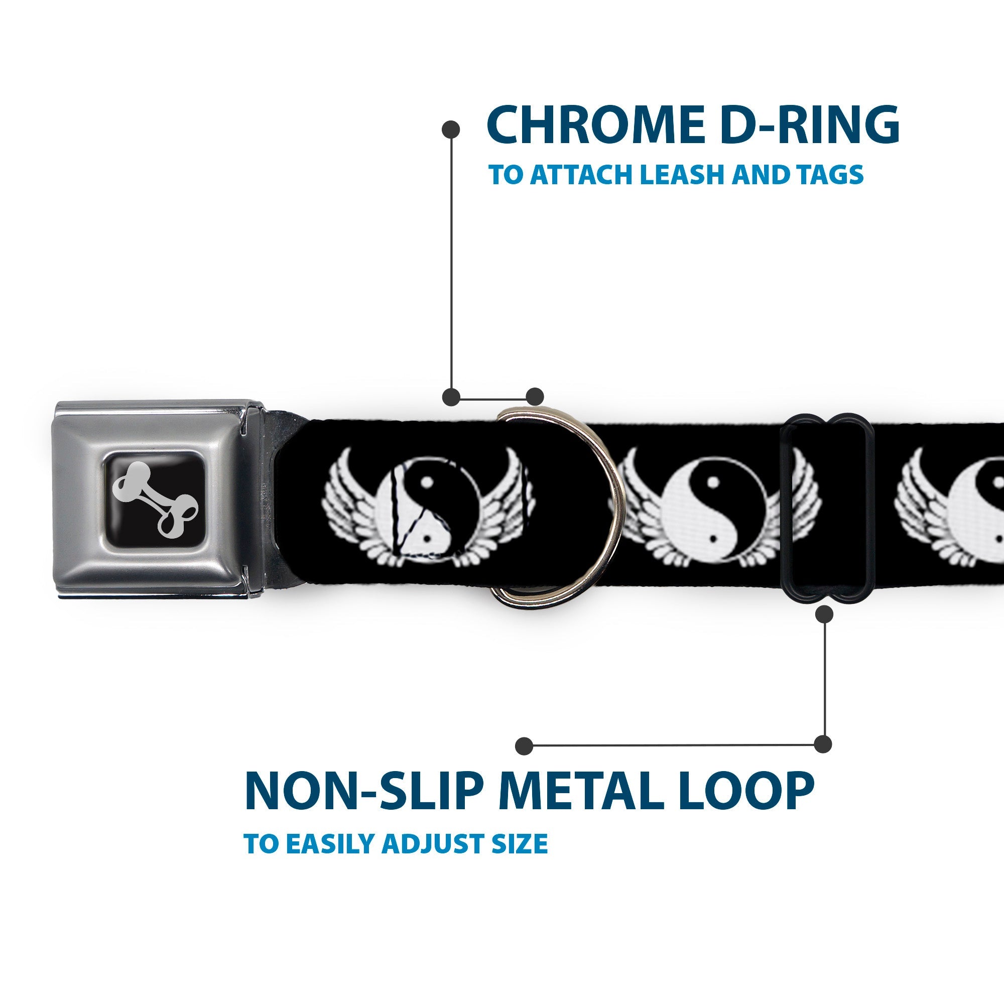 Dog Bone Seatbelt Buckle Collar - Yin Yang w/Wings Black/White