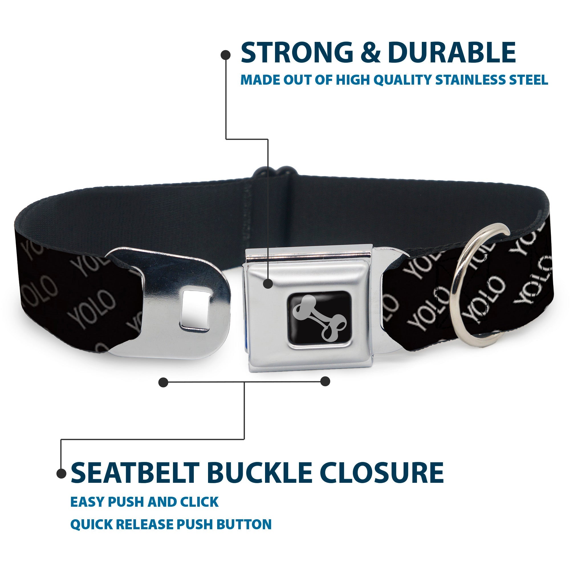 Dog Bone Seatbelt Buckle Collar - YOLO Diagonal Black/Gray/White