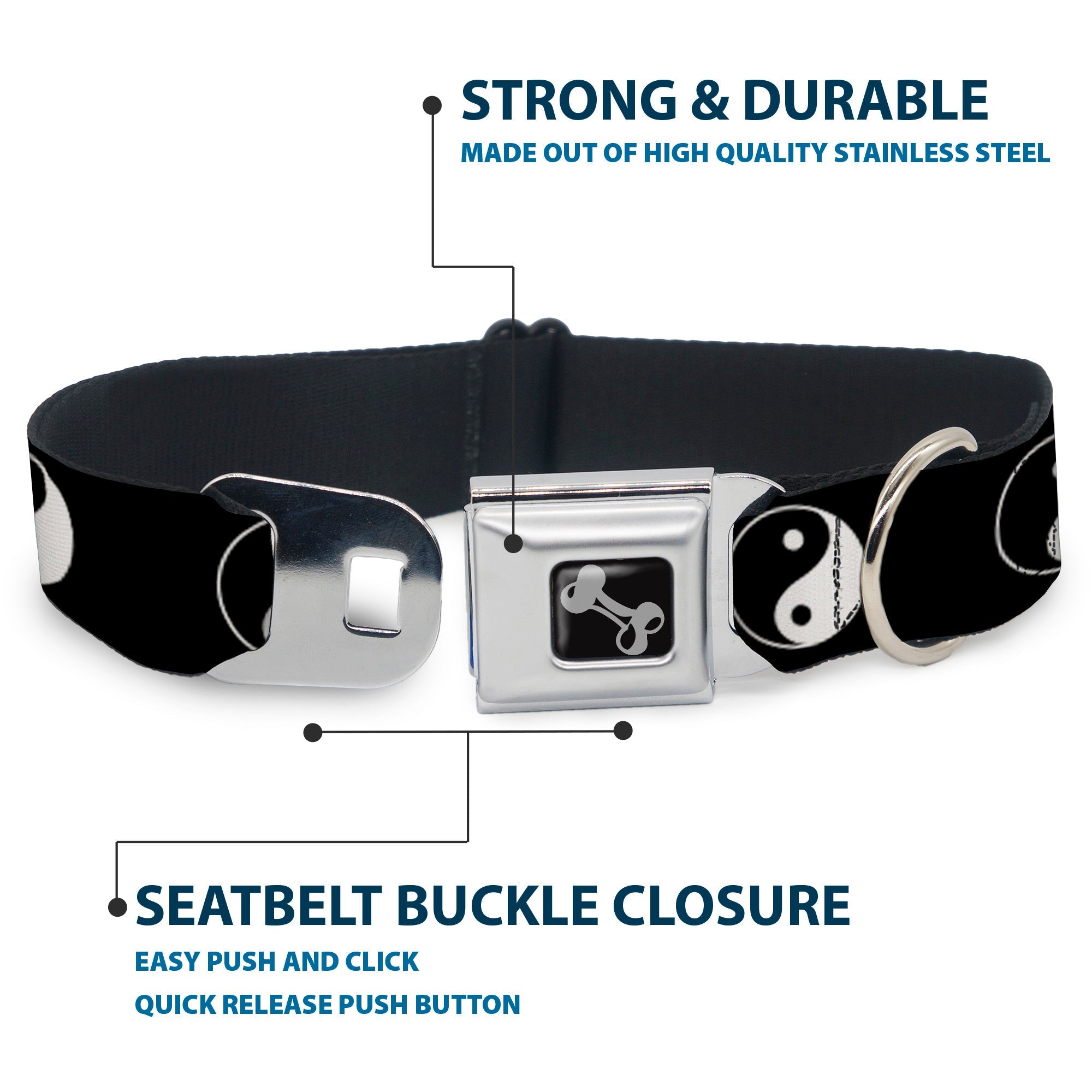 Dog Bone Seatbelt Buckle Collar - Yin Yang Symbol Black/White