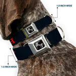 Dog Bone Black/Silver Seatbelt Buckle Collar - YAHWEH Text Navy Blue/Red