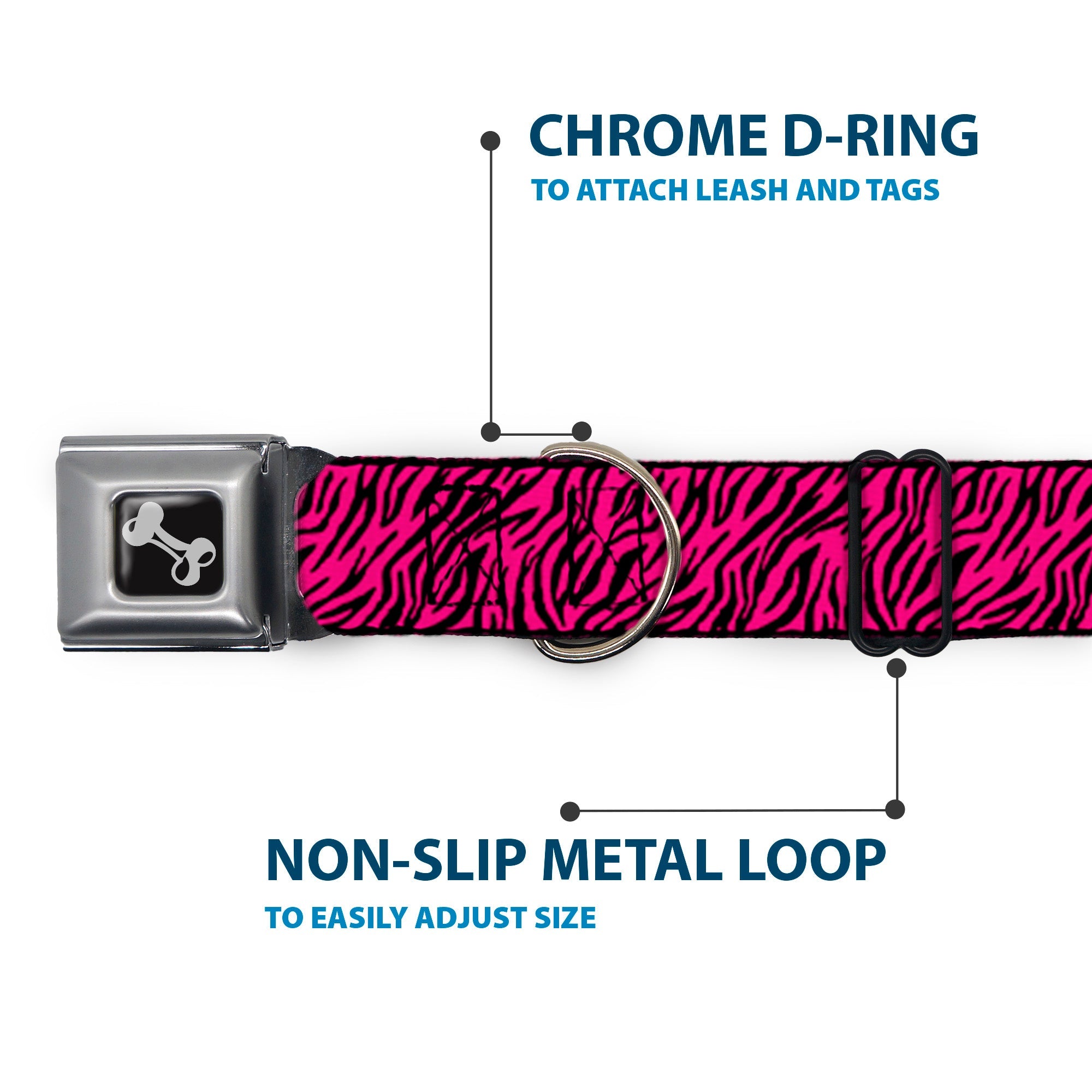 Dog Bone Seatbelt Buckle Collar - Zebra 2 Fuchsia Pink
