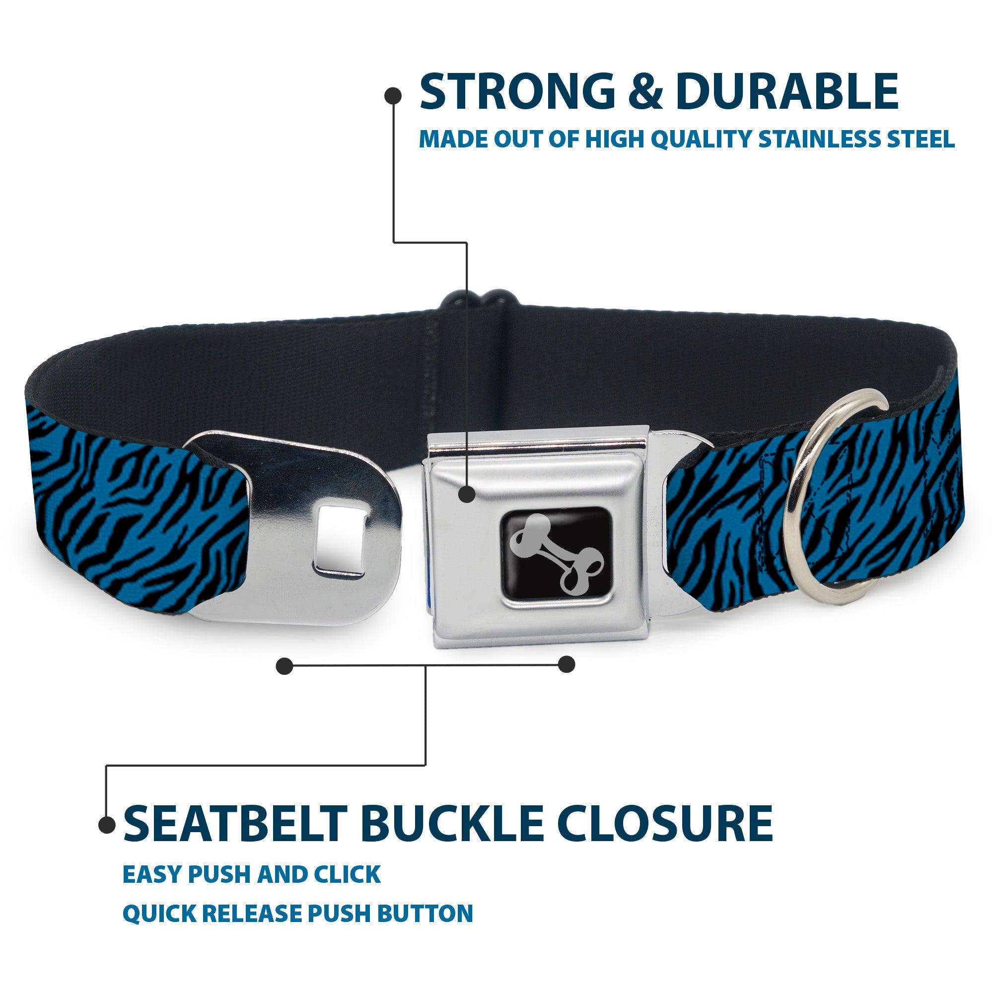 Dog Bone Seatbelt Buckle Collar - Zebra 2 Turquoise