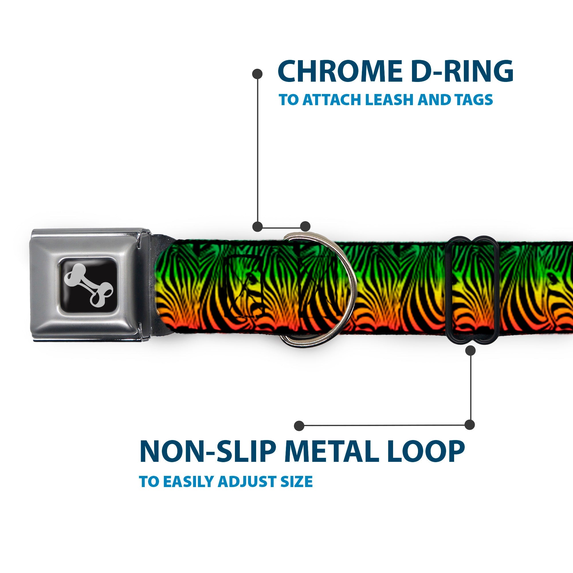 Dog Bone Seatbelt Buckle Collar - Zebra Head Rasta