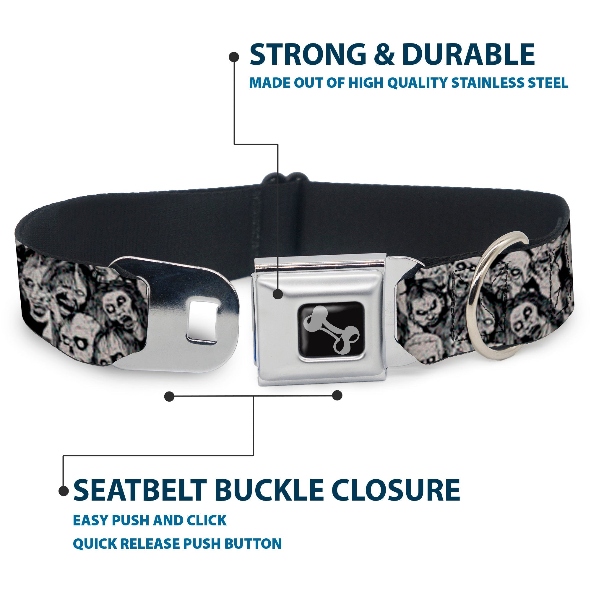 Dog Bone Seatbelt Buckle Collar - Zombie Skulls Sketch