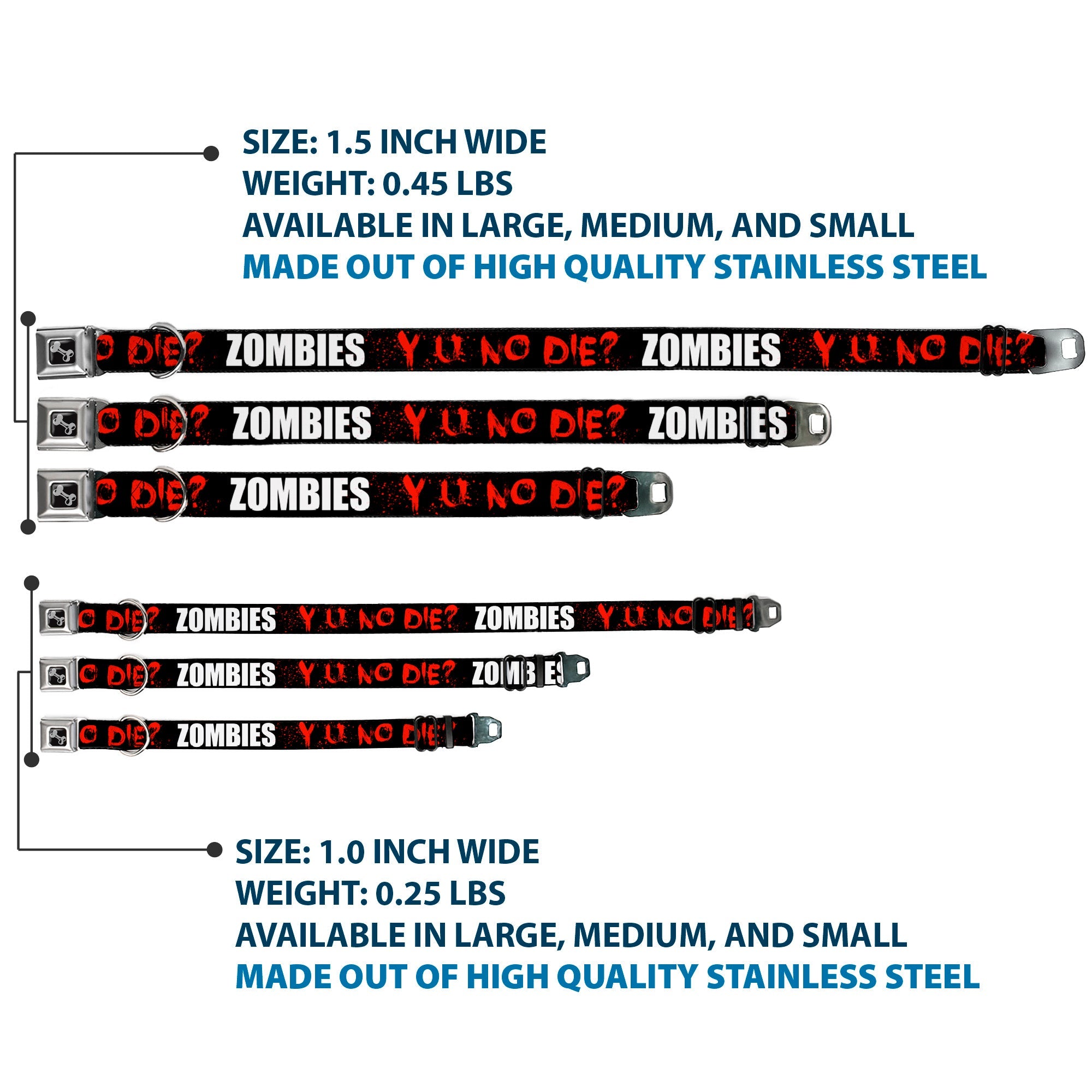 Dog Bone Seatbelt Buckle Collar - Zombies Y U NO DIE Black/White/Red