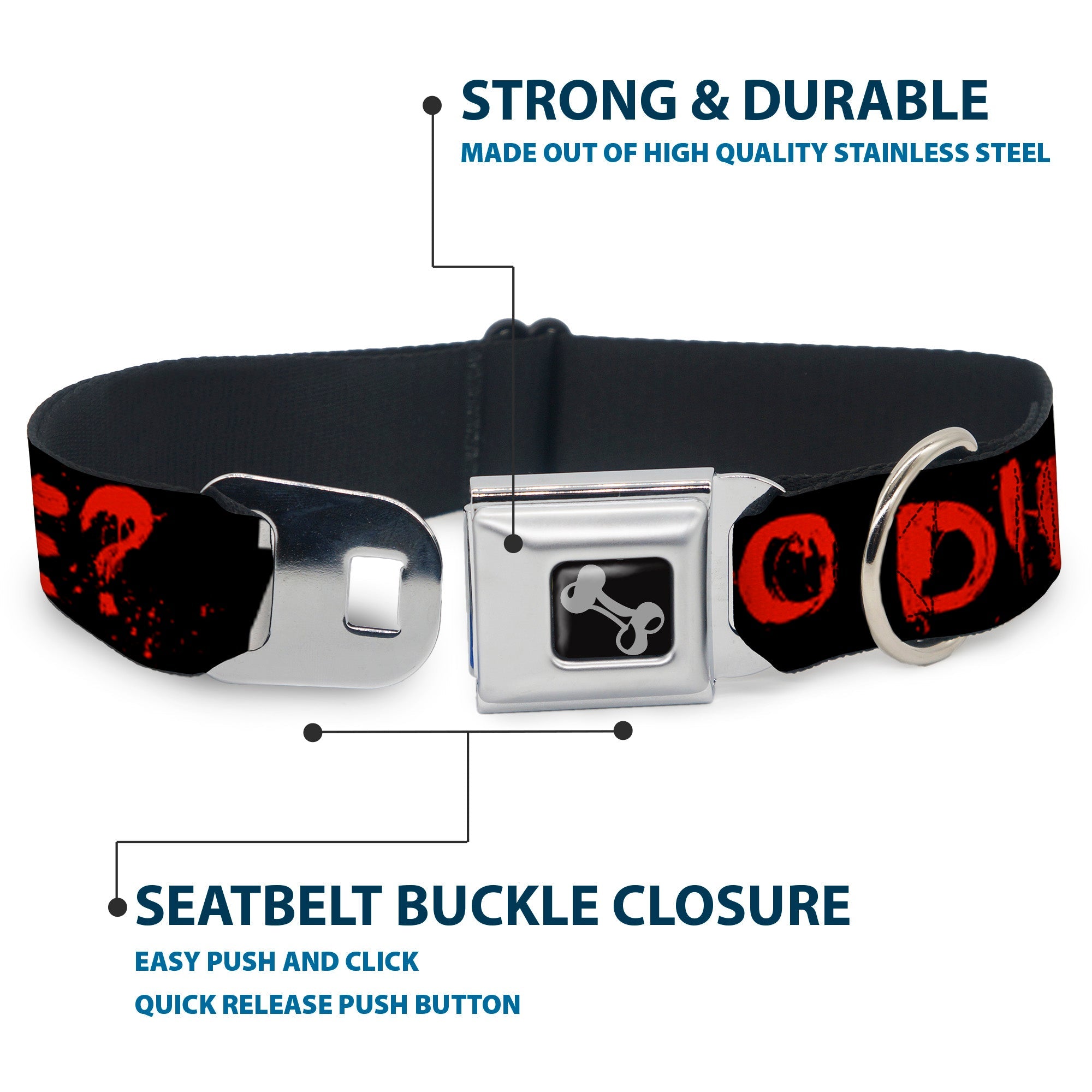 Dog Bone Seatbelt Buckle Collar - Zombies Y U NO DIE Black/White/Red