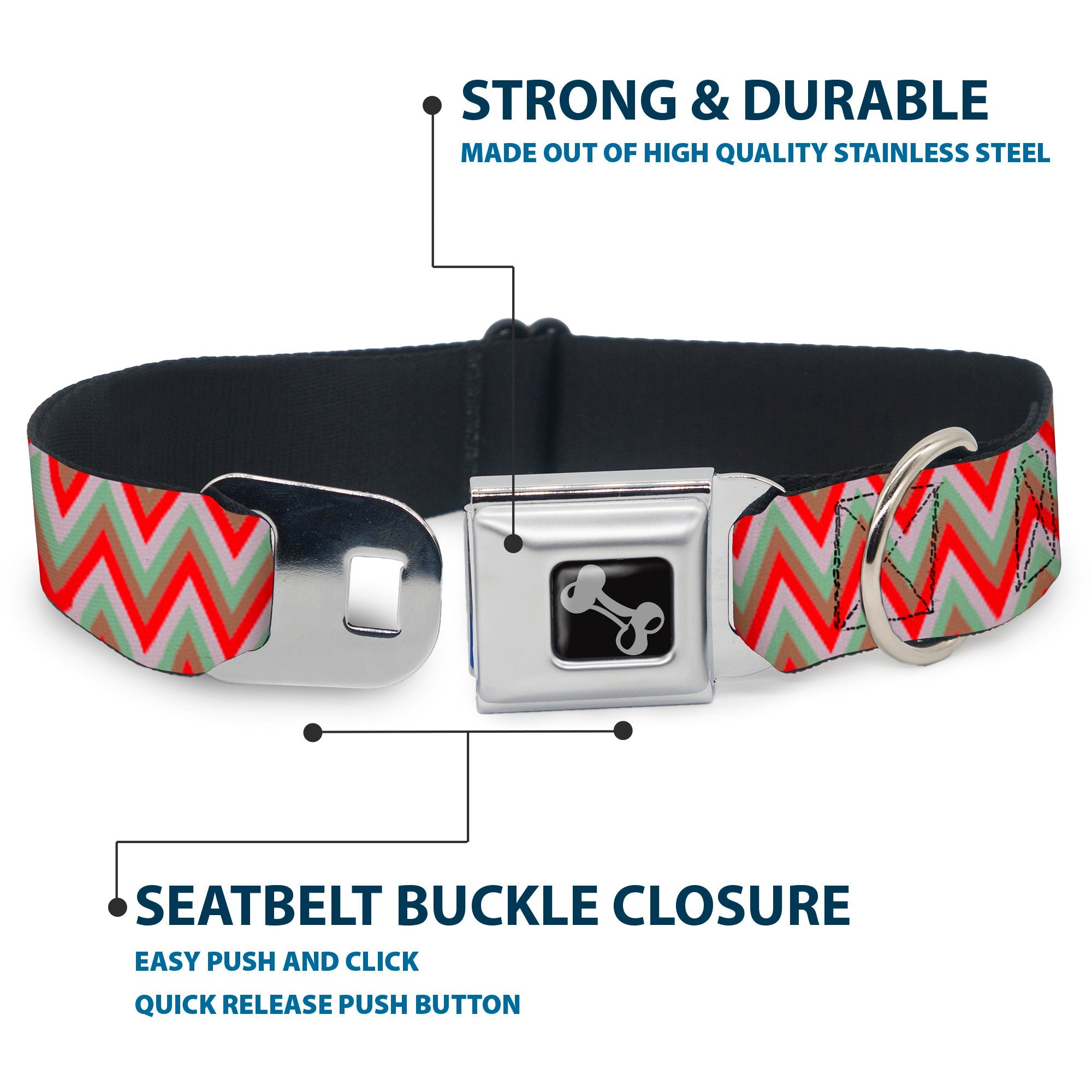 Dog Bone Seatbelt Buckle Collar - Zig Zag White/Tan/Gray/Red