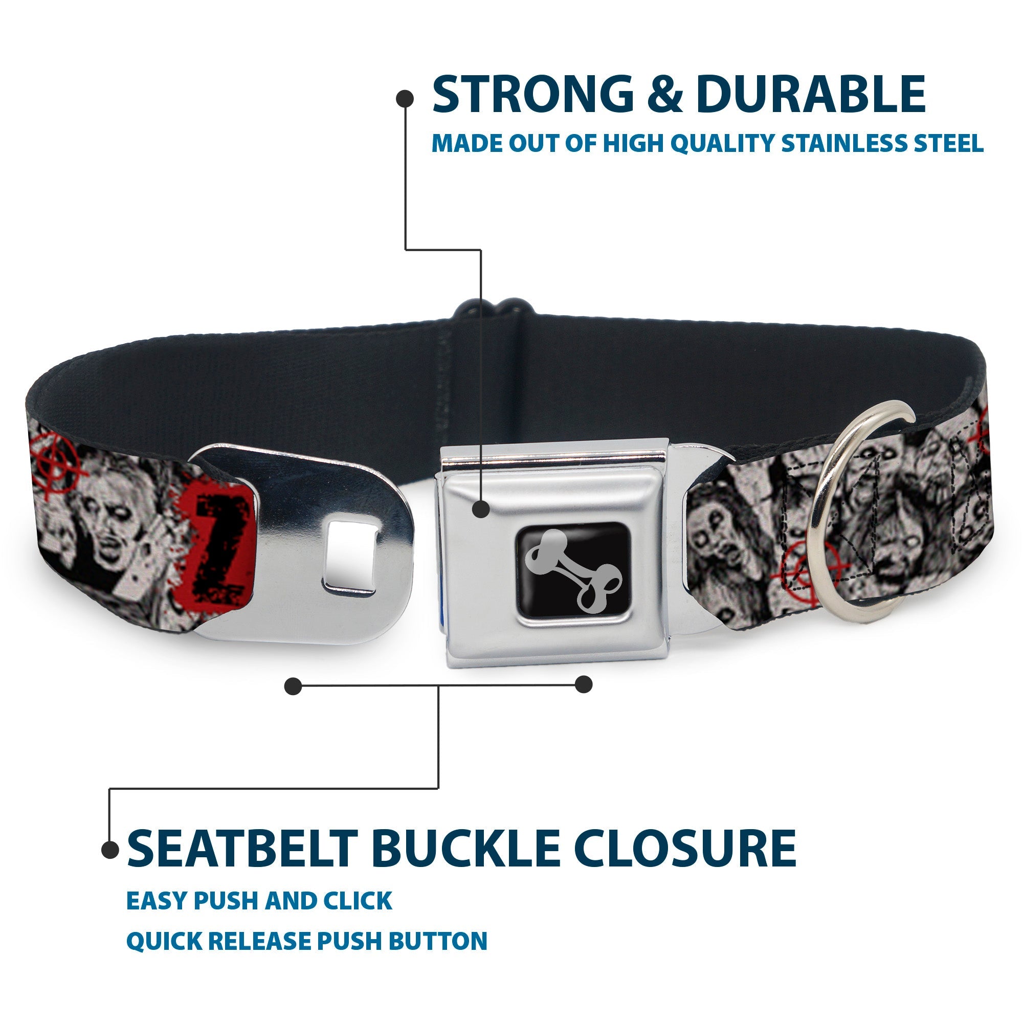 Dog Bone Seatbelt Buckle Collar - ZOMBIE KILLER w/Stacked Zombies Sketch