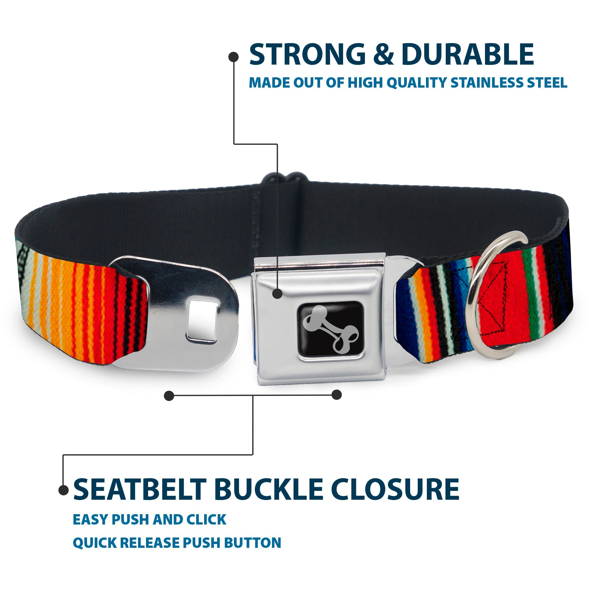 Dog Bone Seatbelt Buckle Collar - Zarape2 Vertical Multi Color Stripe