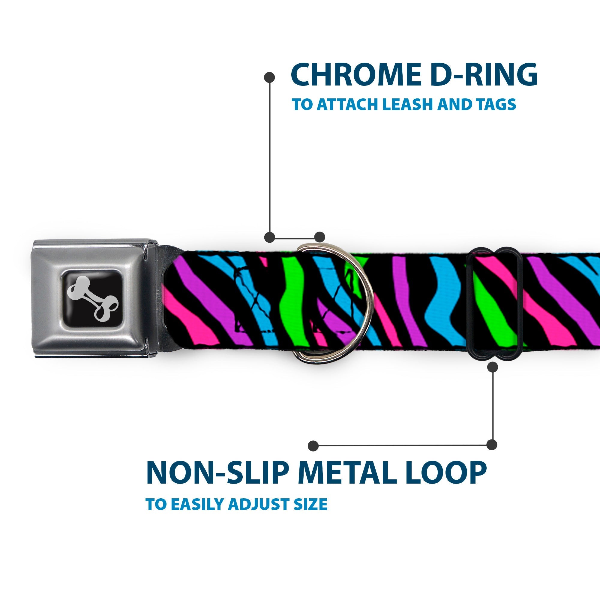 Dog Bone Seatbelt Buckle Collar - Zebra Black/Blue/Green/Pink/Purple