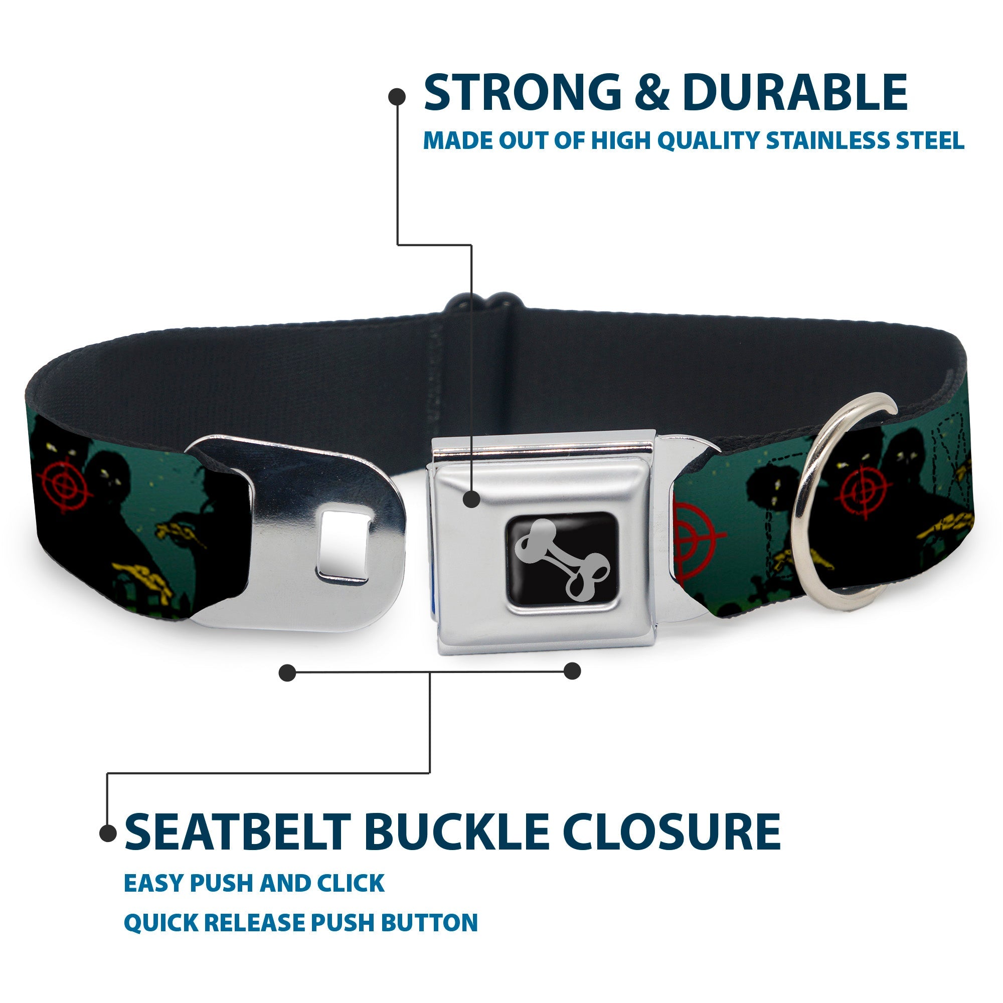 Dog Bone Seatbelt Buckle Collar - ZOMBIE KILLER Zombie March Green/Red/Black