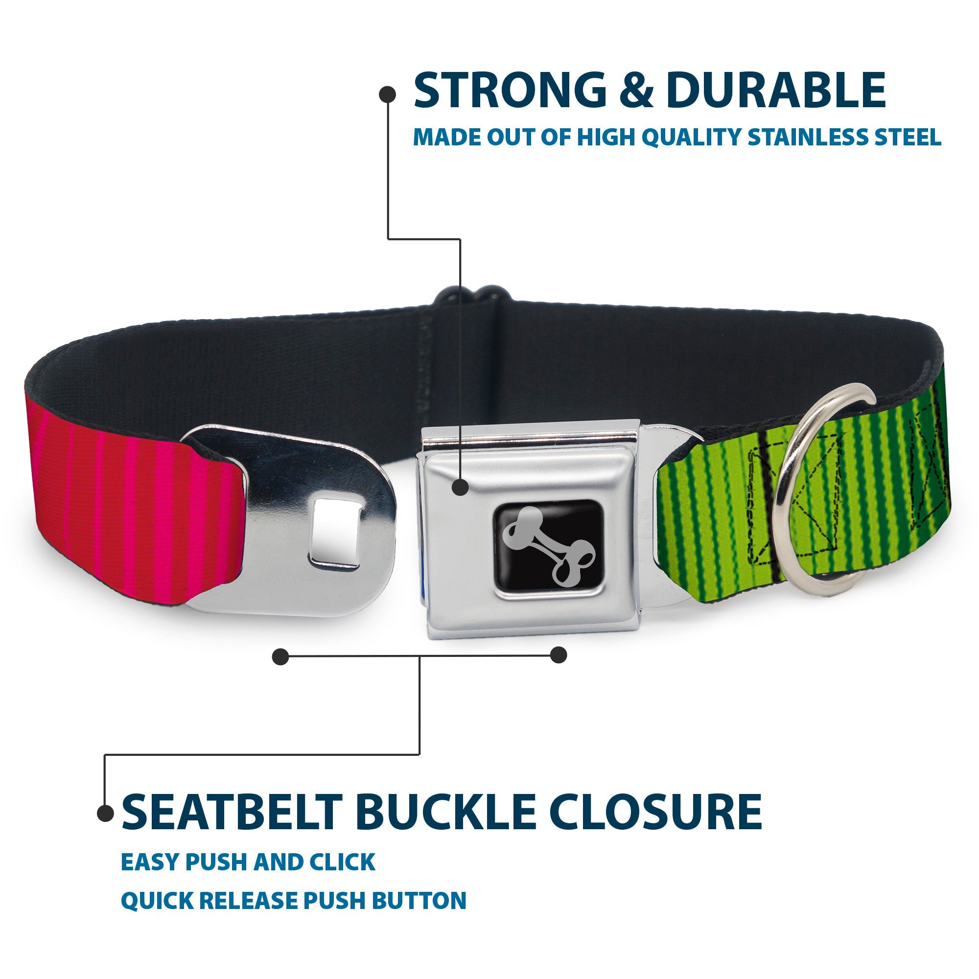Dog Bone Seatbelt Buckle Collar - Zarape7 Vertical Pinks/Blues/Greens/Black