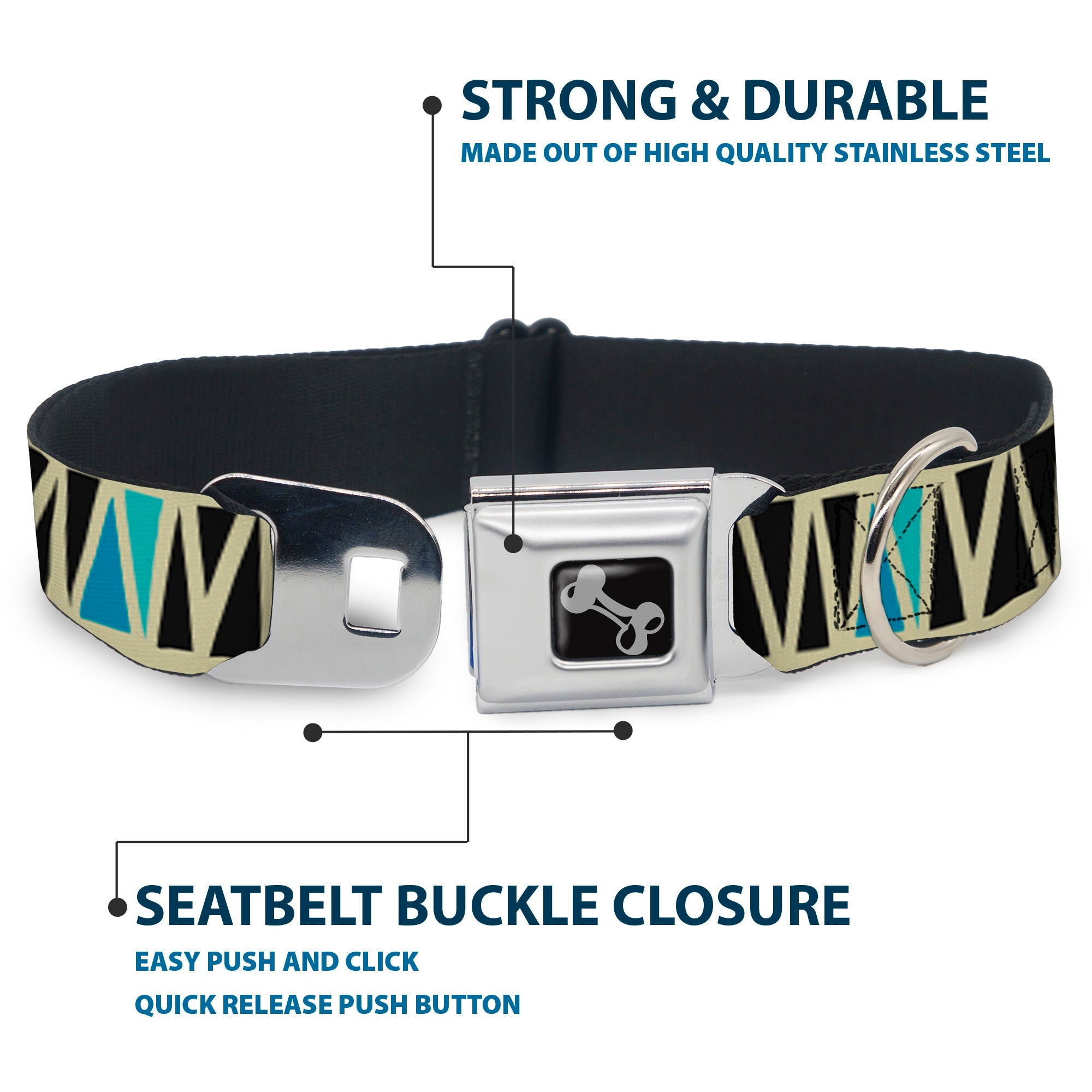 Dog Bone Seatbelt Buckle Collar - Zig Zag Doodle Cream/Black/Blues