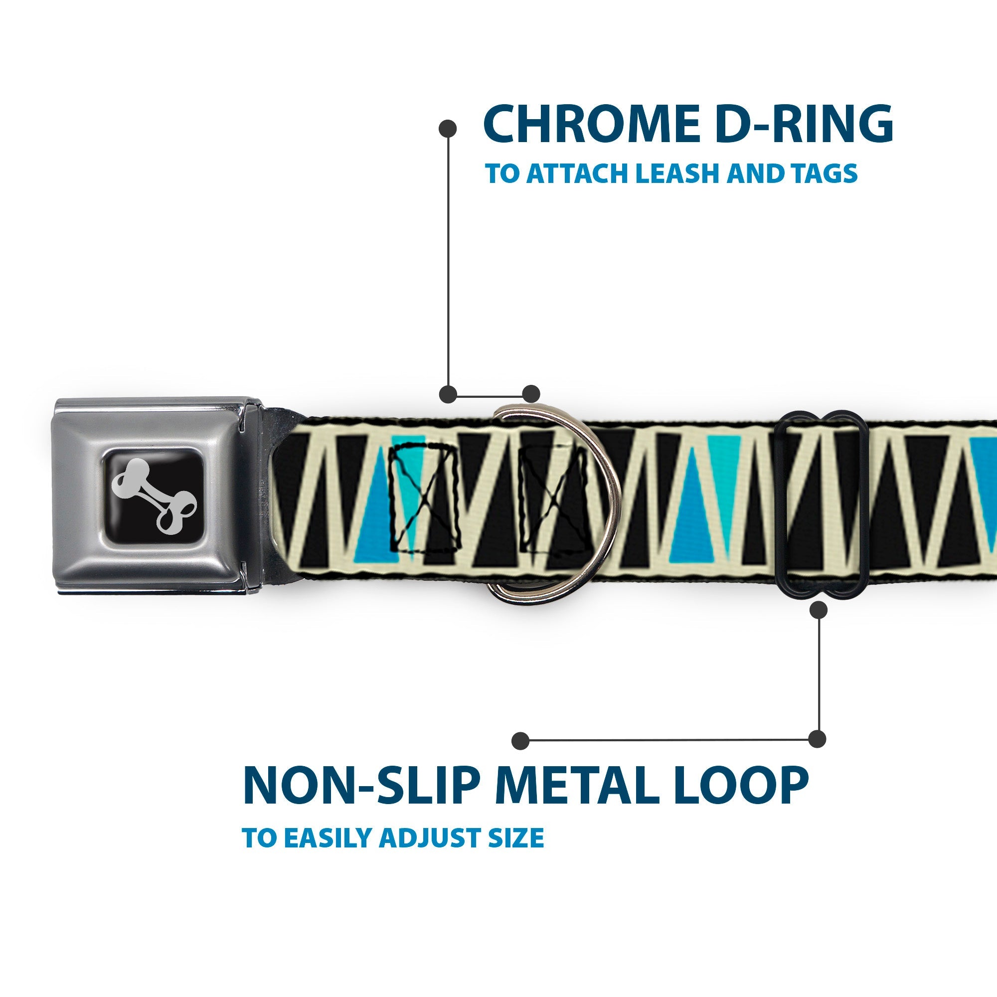 Dog Bone Seatbelt Buckle Collar - Zig Zag Doodle Cream/Black/Blues