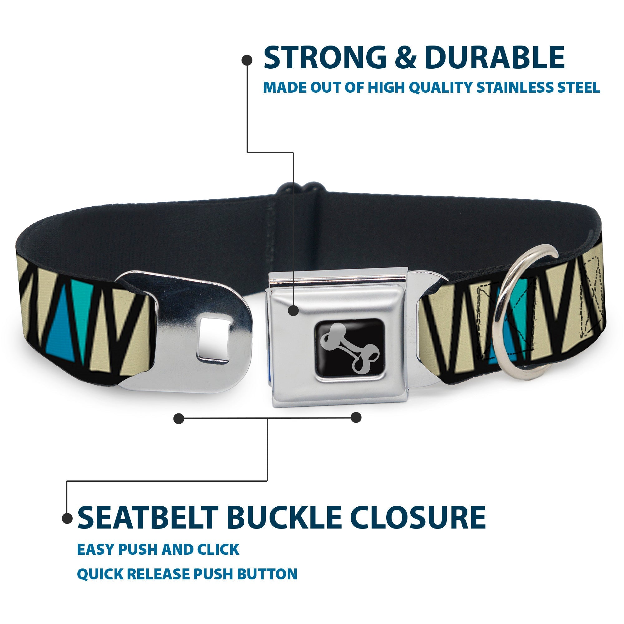 Dog Bone Seatbelt Buckle Collar - Zig Zag Doodle Black/Cream/Blues