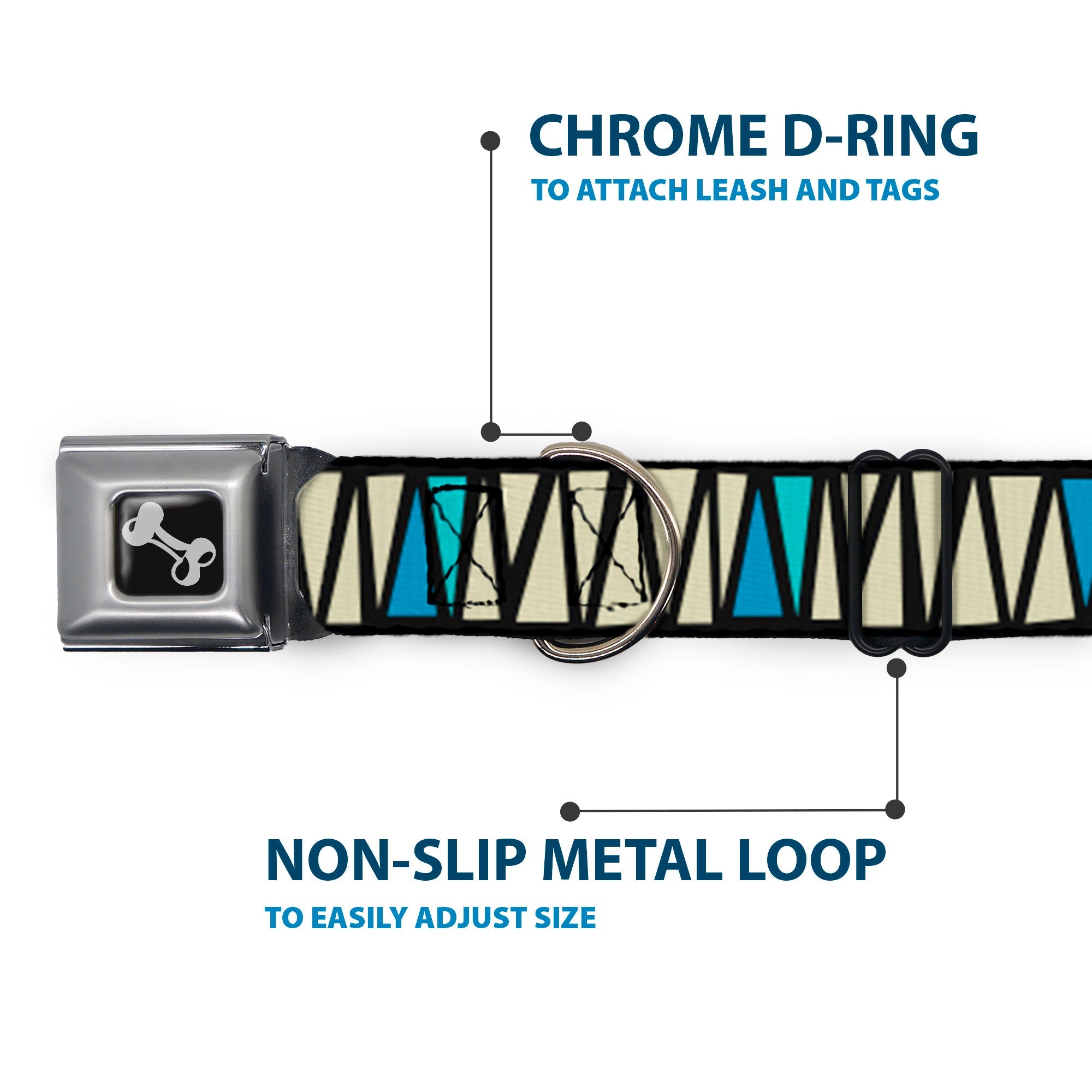Dog Bone Seatbelt Buckle Collar - Zig Zag Doodle Black/Cream/Blues