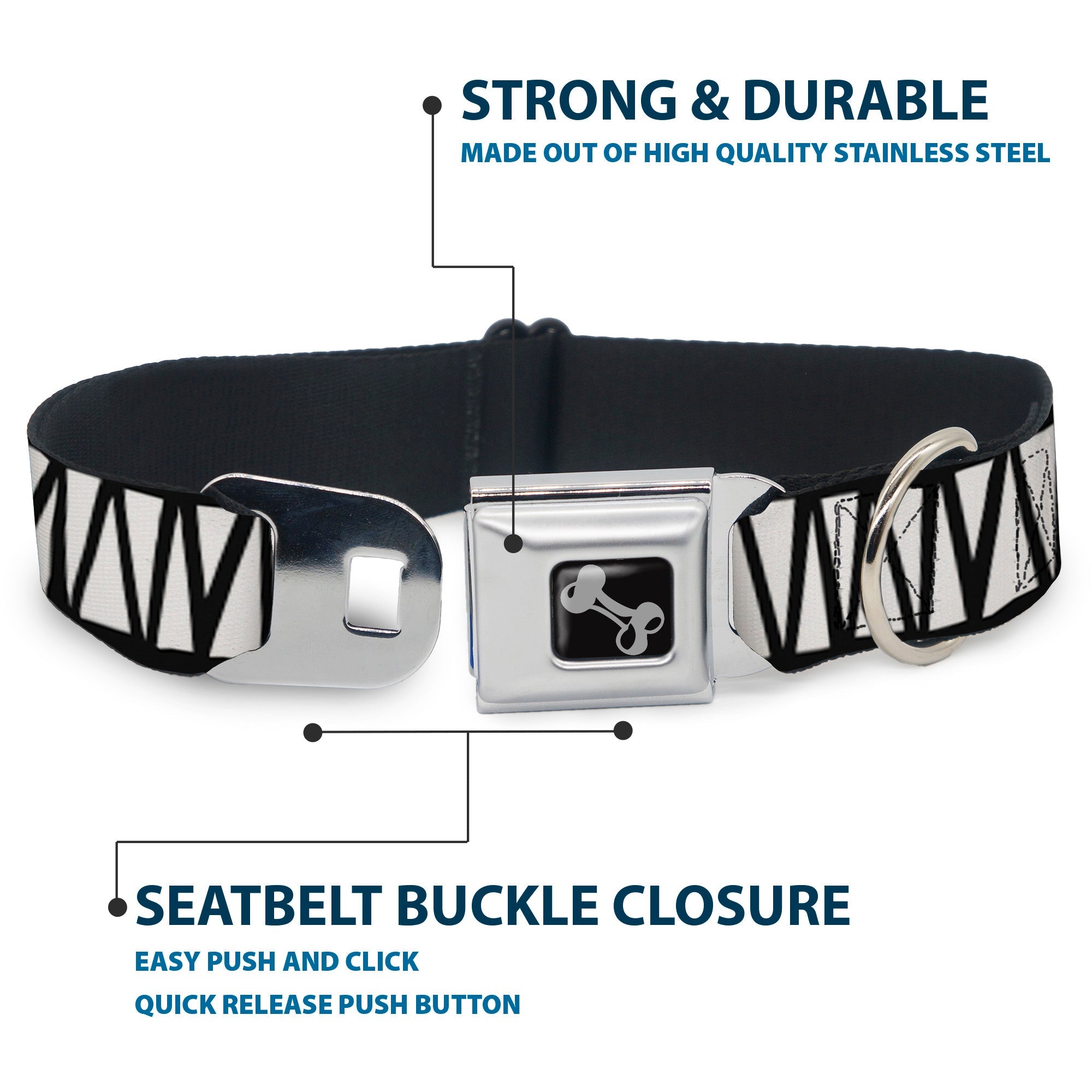 Dog Bone Seatbelt Buckle Collar - Zig Zag Doodle Black/White